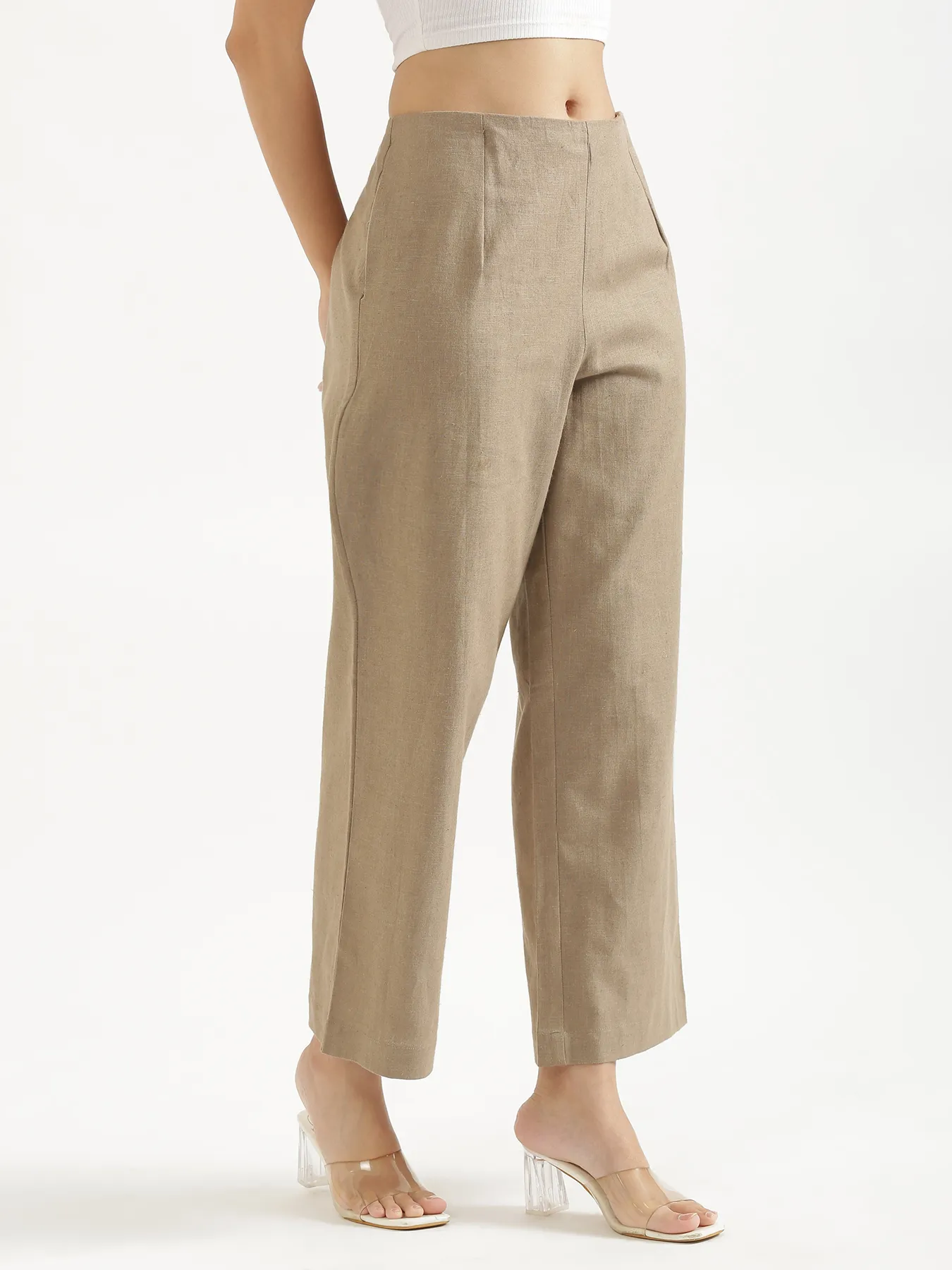 Women Khakhi Linen Blend Wide Leg Pant & White Linen Blend Waist Coat - Image 9