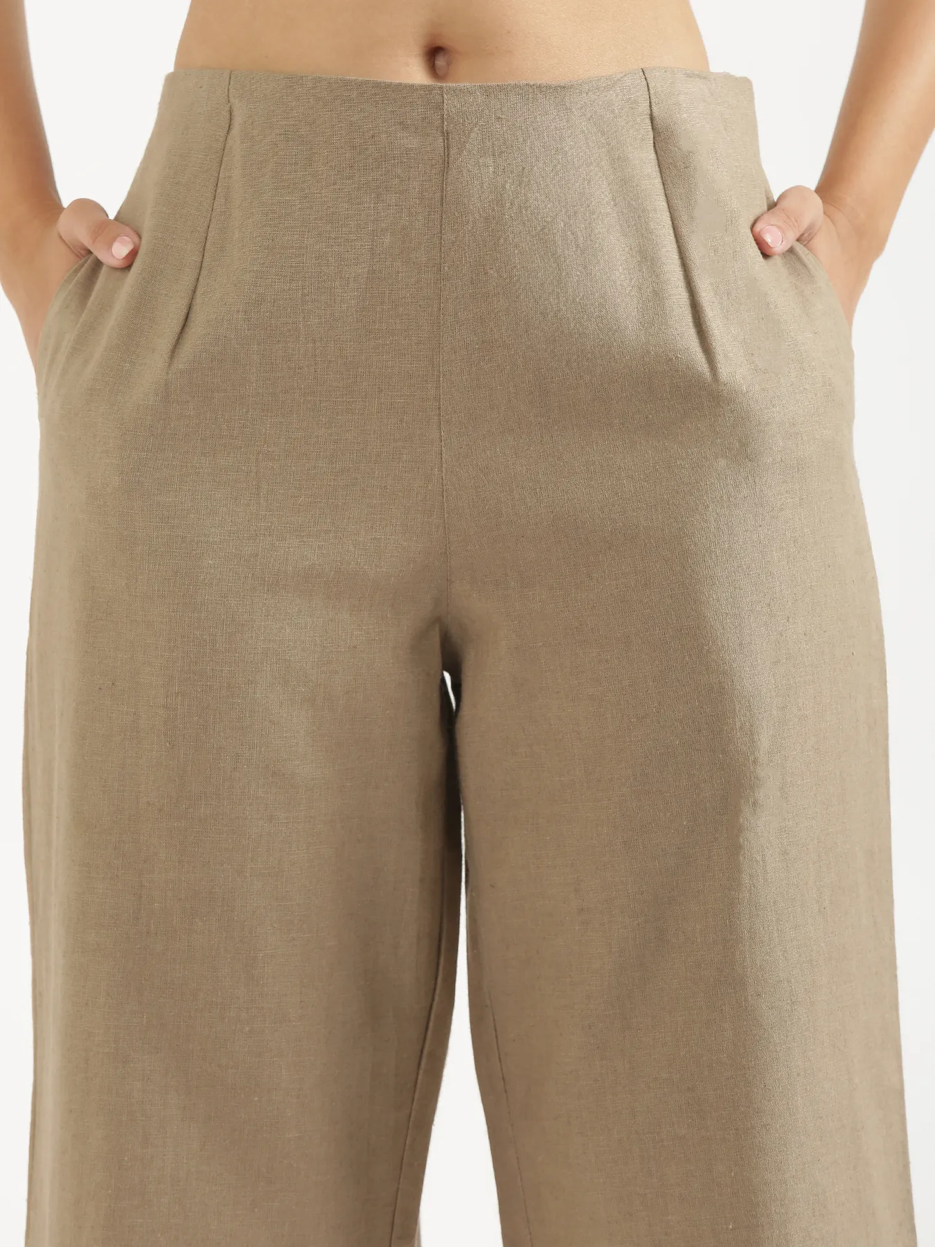 Women Khakhi Linen Blend Wide Leg Pant & White Linen Blend Waist Coat - Image 10