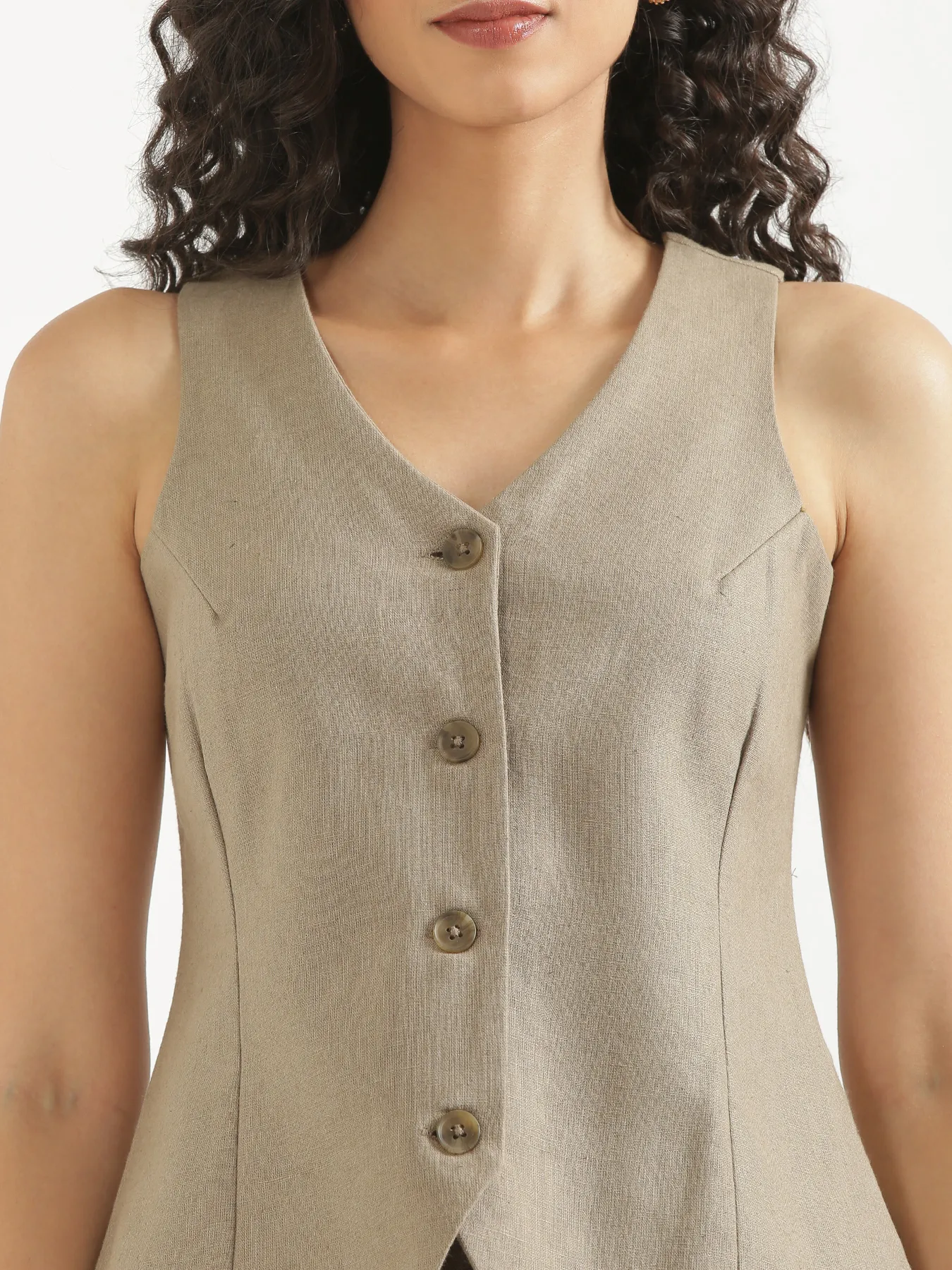Women Black Linen Blend Wide Leg Pant & Khakhi Linen Blend Waist Coat - Image 7