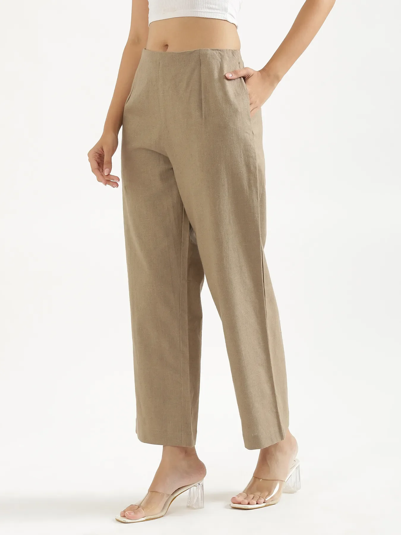 Women Khakhi Linen Blend Wide Leg Pant & White Linen Blend Waist Coat - Image 8
