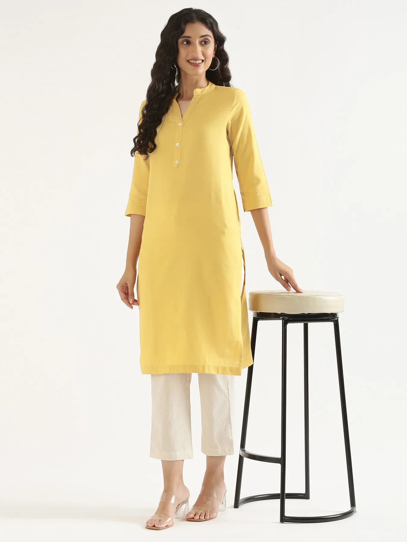 Women Lemon Yellow Airy Linen Long Kurta - Image 10