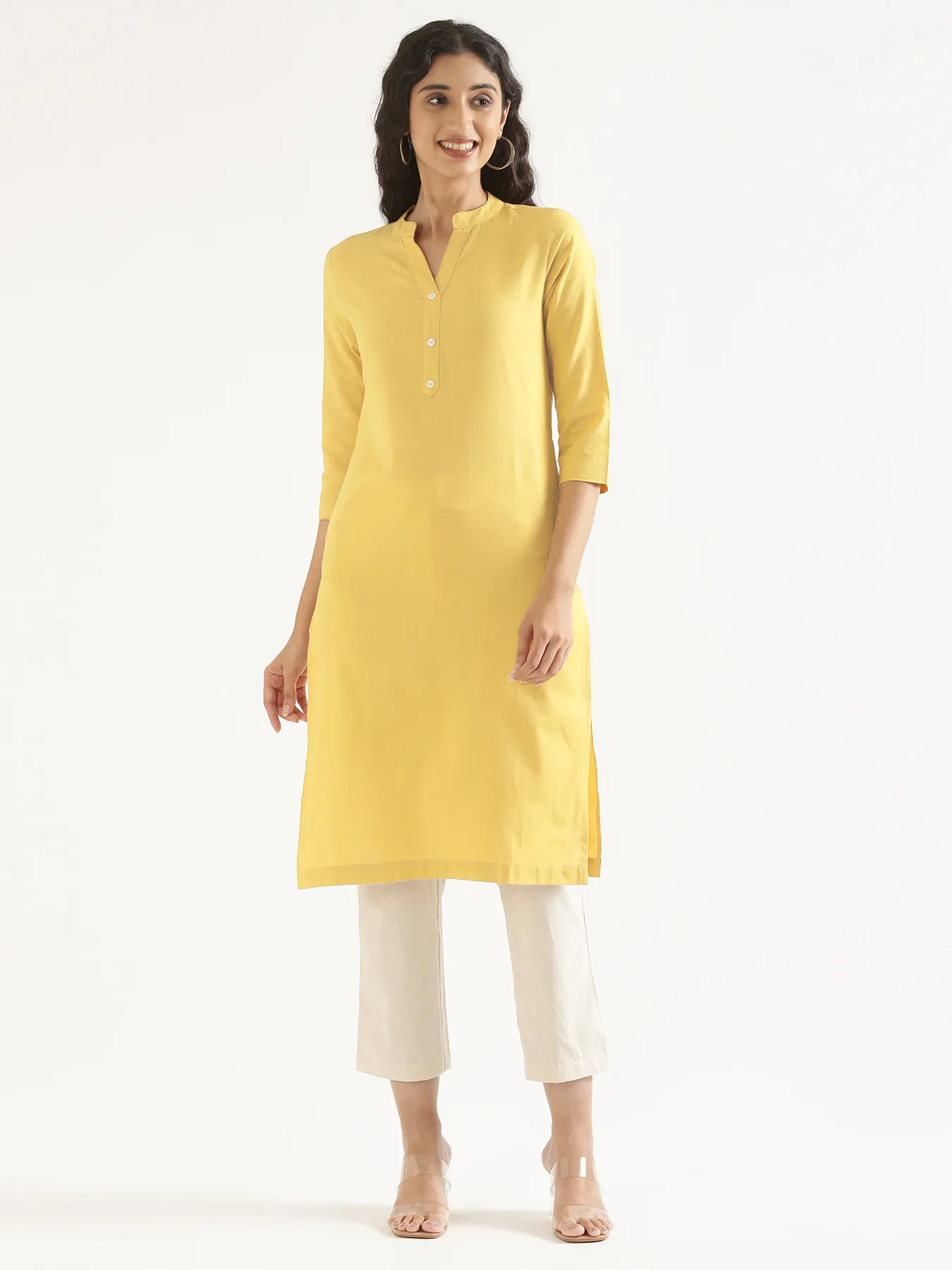 Women Lemon Yellow Airy Linen Long Kurta - Image 3