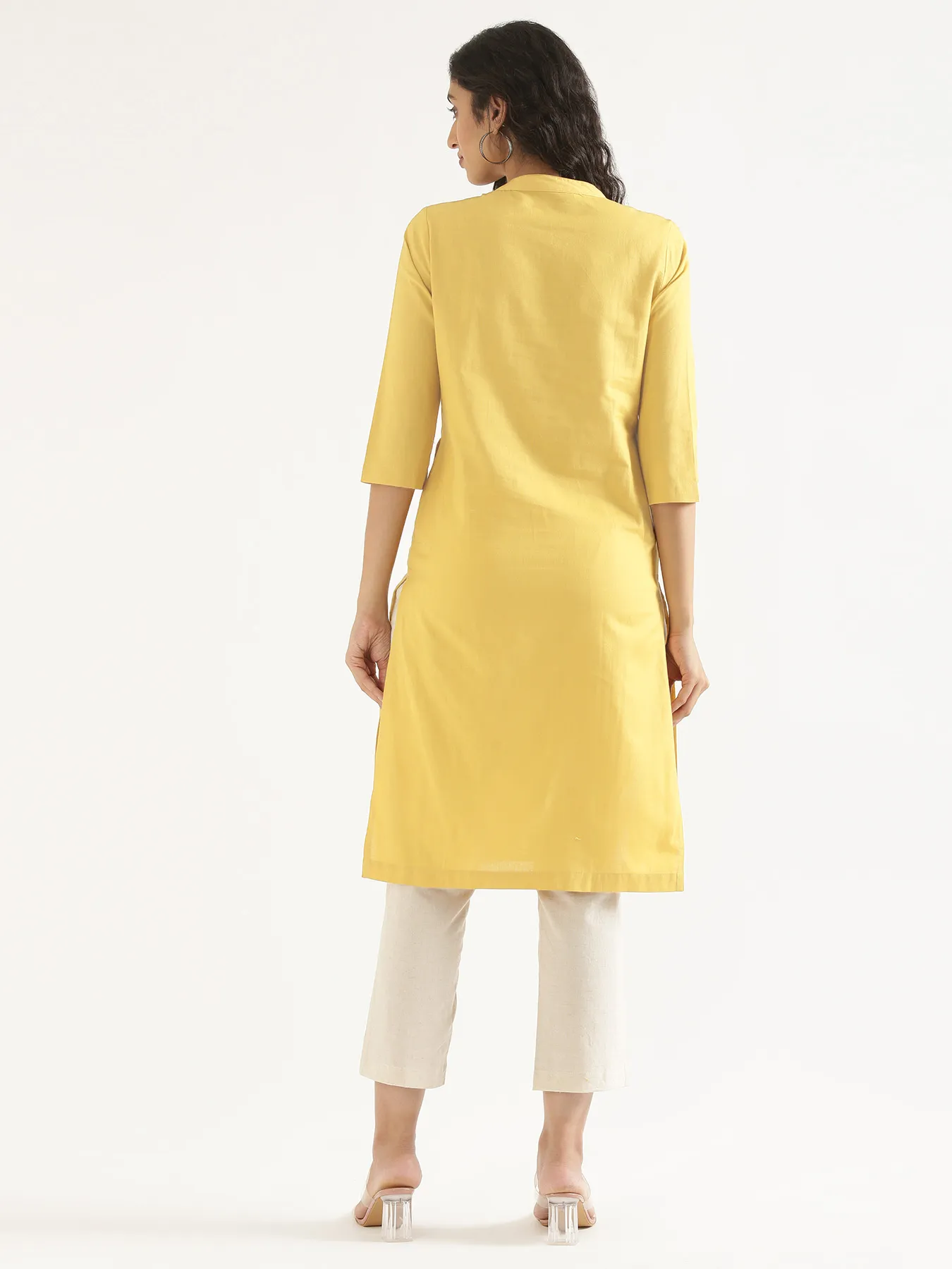 Women Lemon Yellow Airy Linen Long Kurta - Image 4