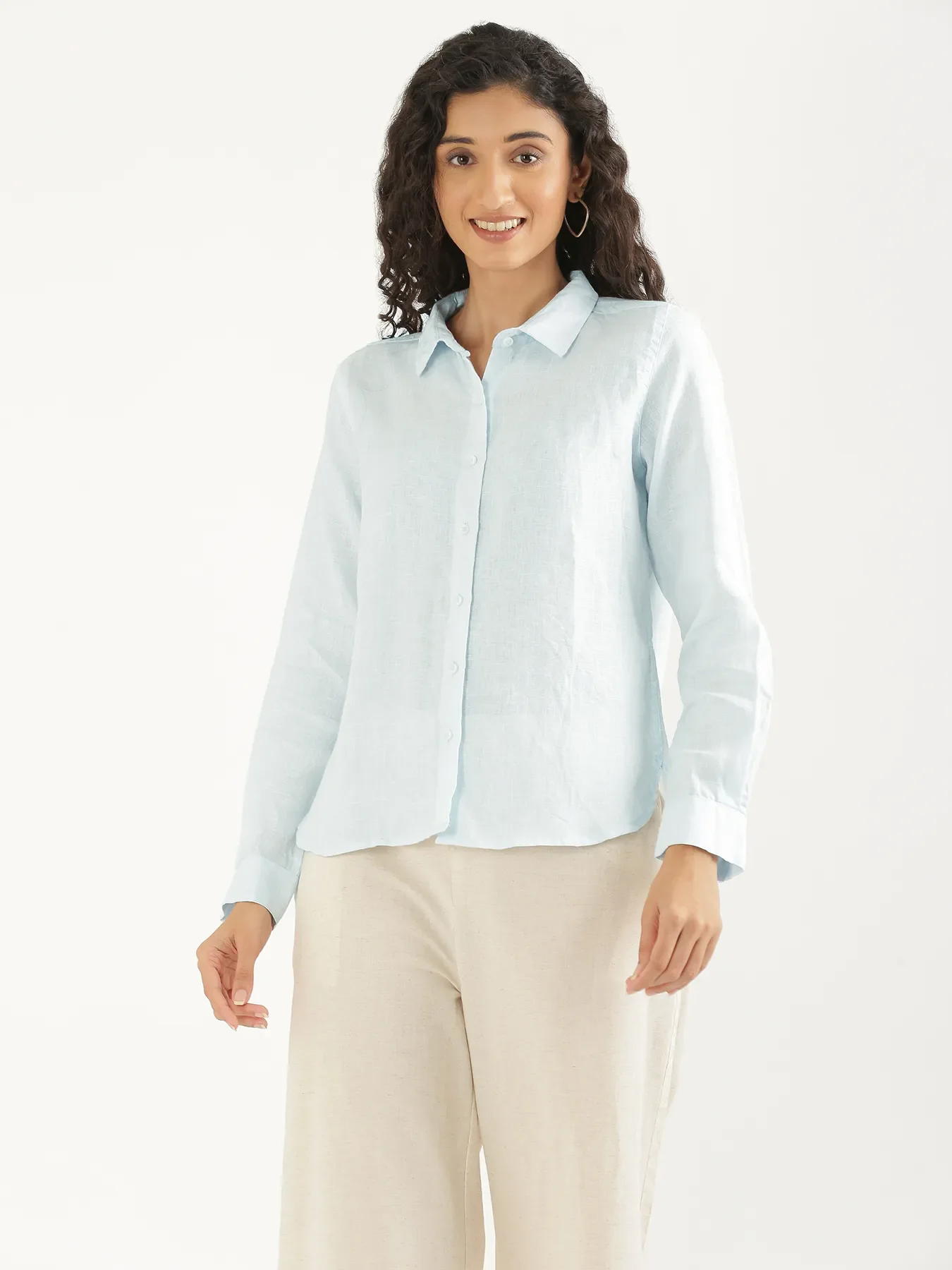 Women Light Blue Pure Linen Shirt - Image 10