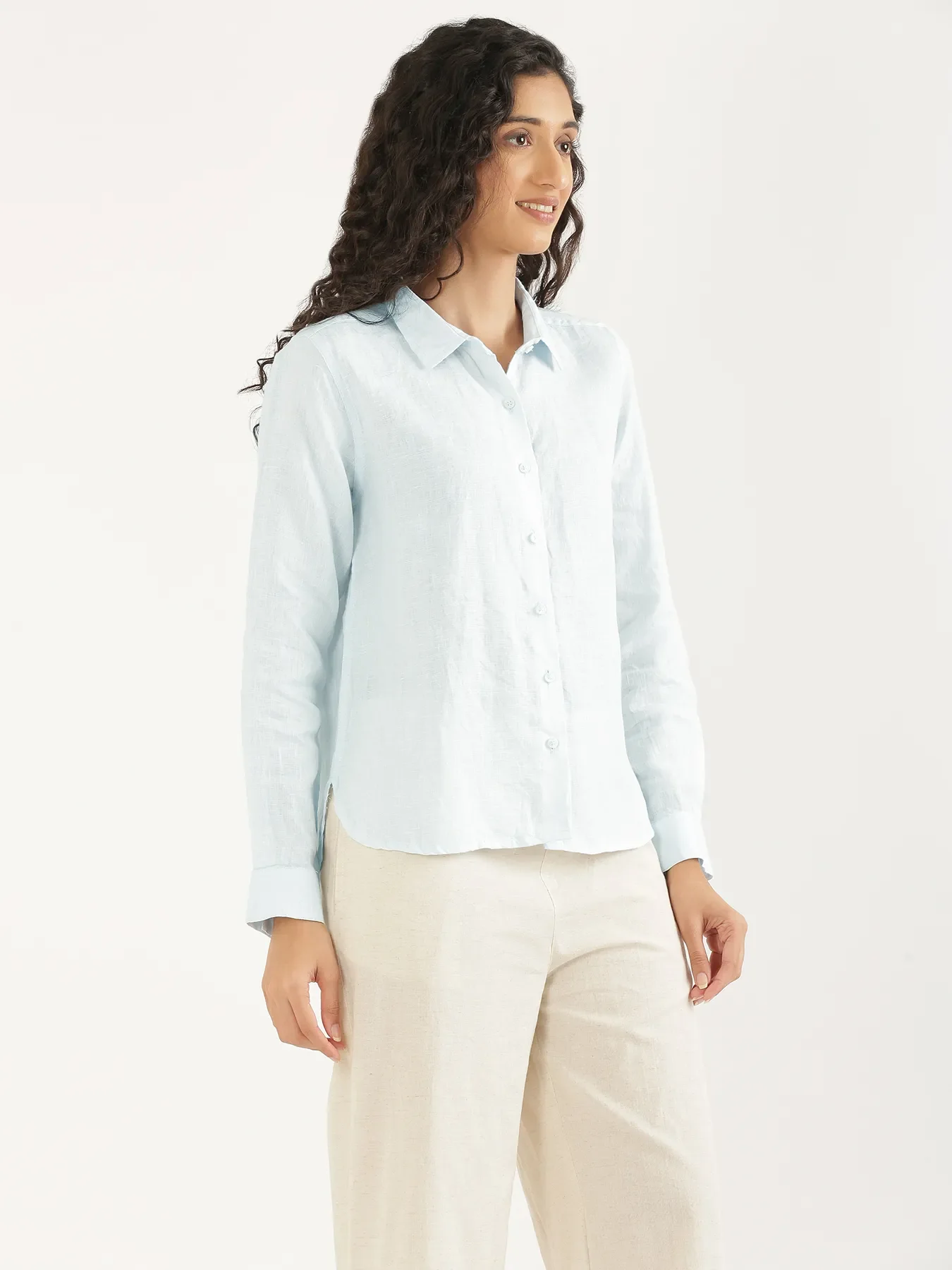 Women Light Blue Pure Linen Shirt - Image 13