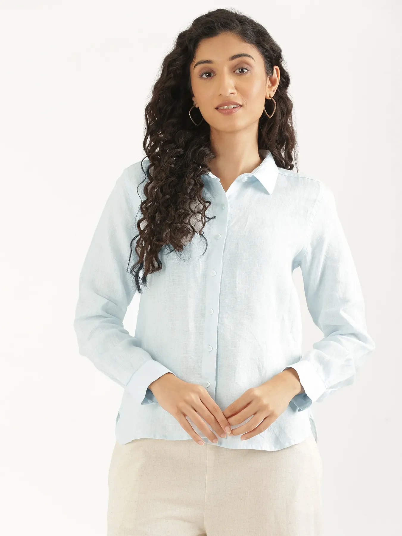 Women Light Blue Pure Linen Shirt - Image 4
