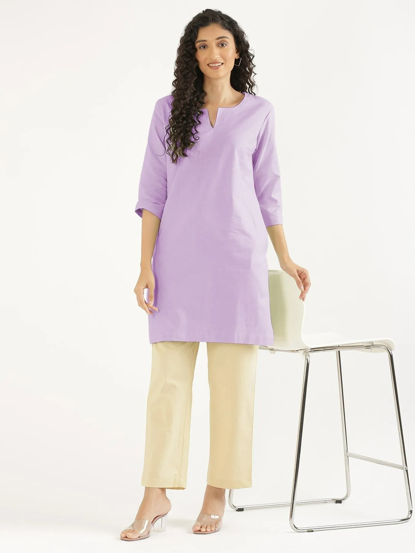 Women Lilac Airy Linen Mid Thigh Length Kurta - Image 10