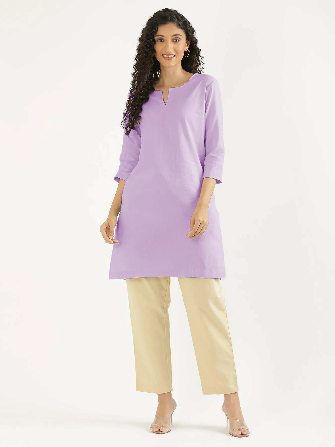 Women Lilac Airy Linen Mid Thigh Length Kurta - Image 3