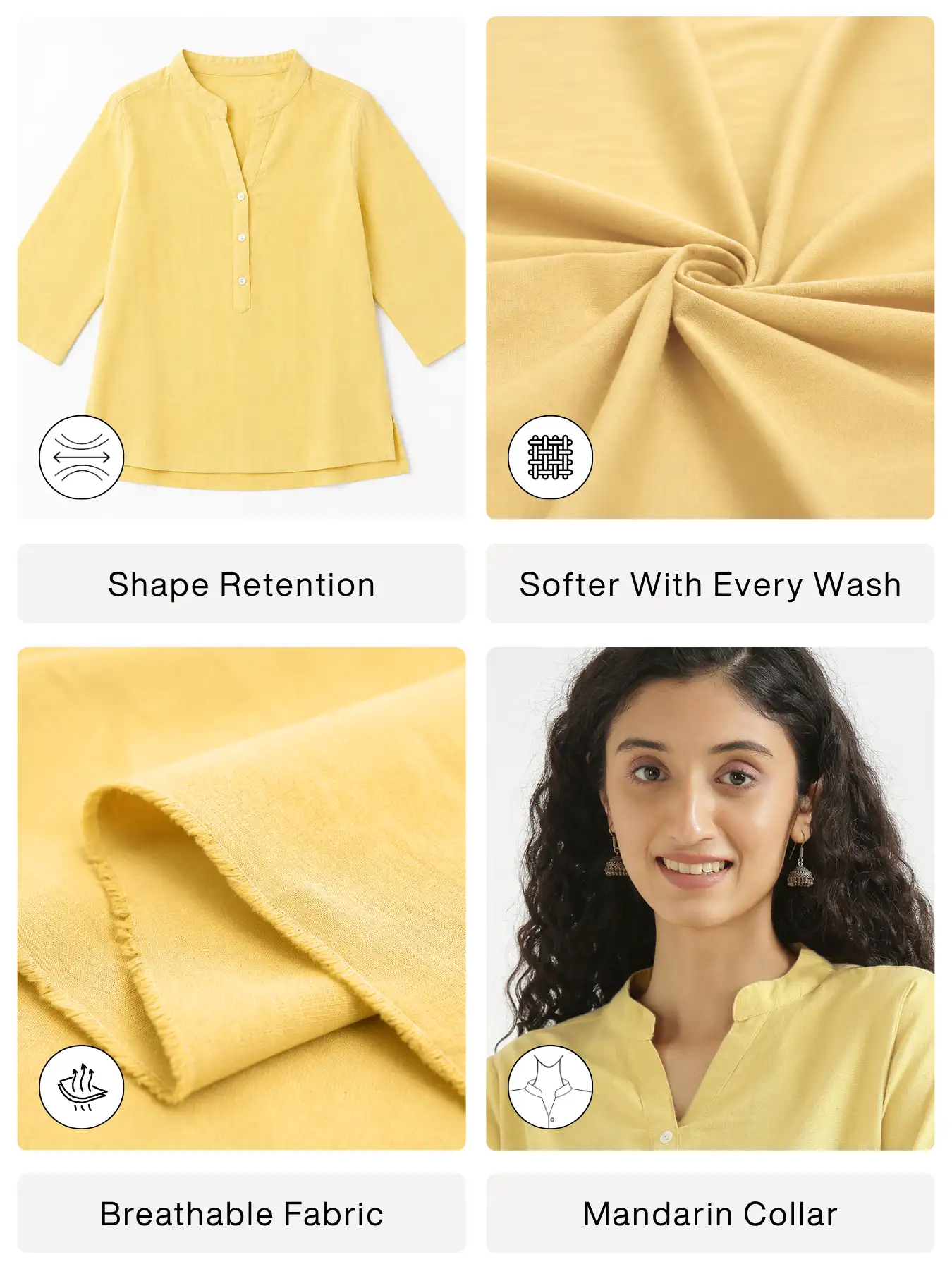 Women Lemon Yellow Airy Linen Short Kurta - Image 2