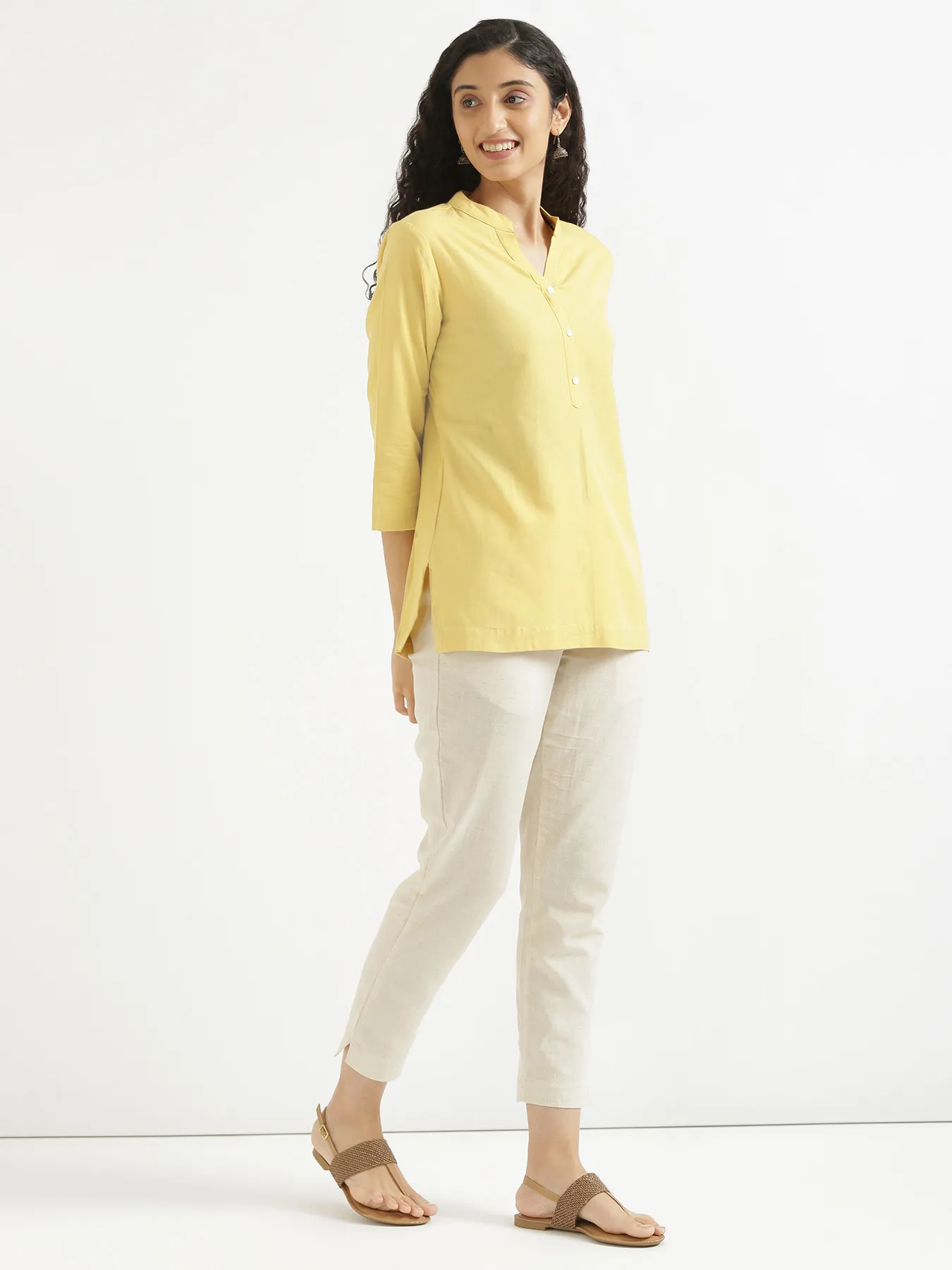 Women Lemon Yellow Airy Linen Short Kurta - Image 7