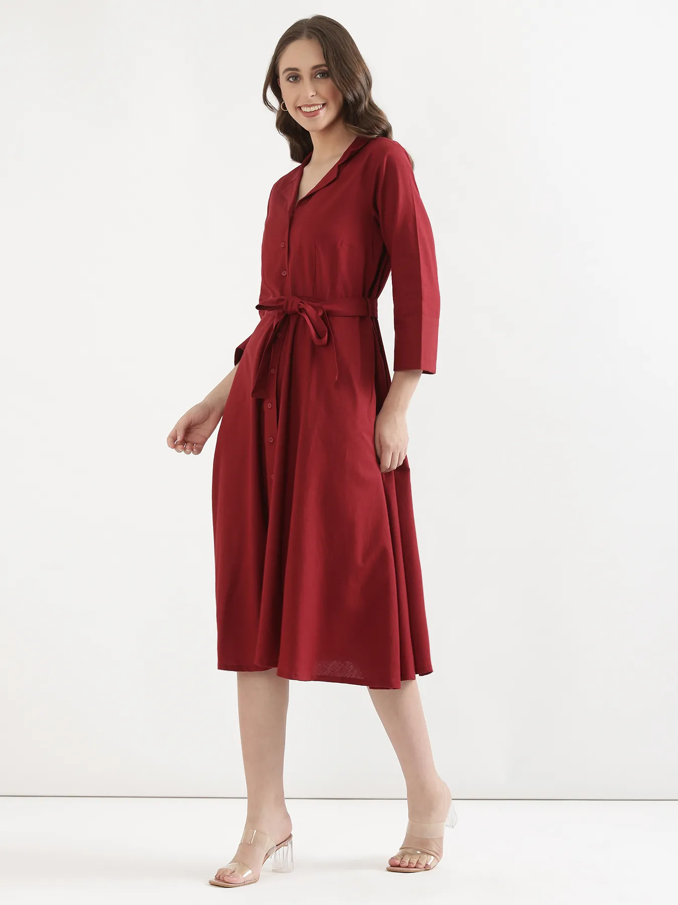 Women Maroon Airy Linen Flared Dress - Image 4