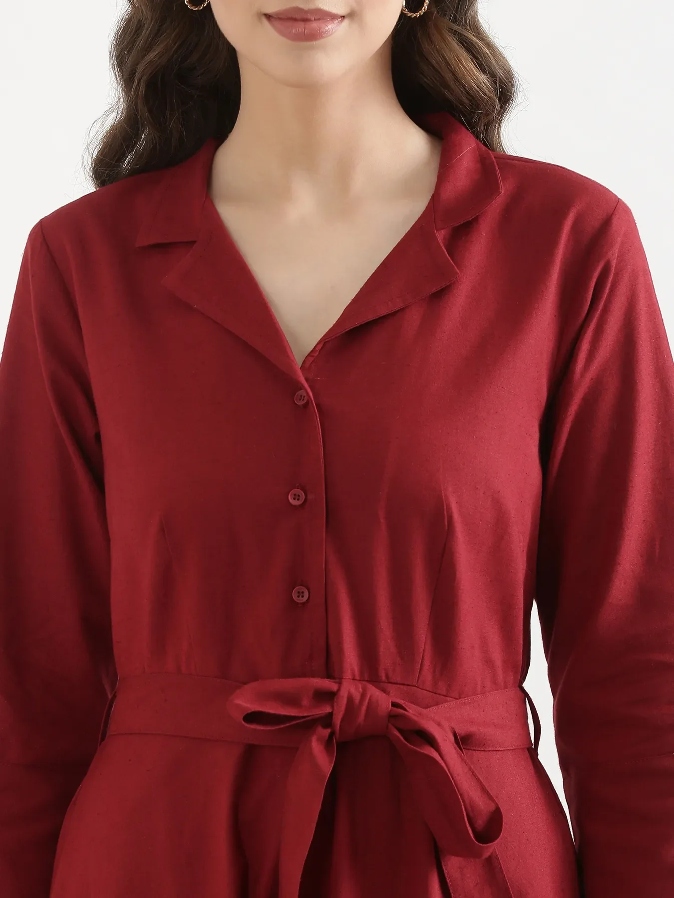 Women Maroon Airy Linen Flared Dress - Image 5