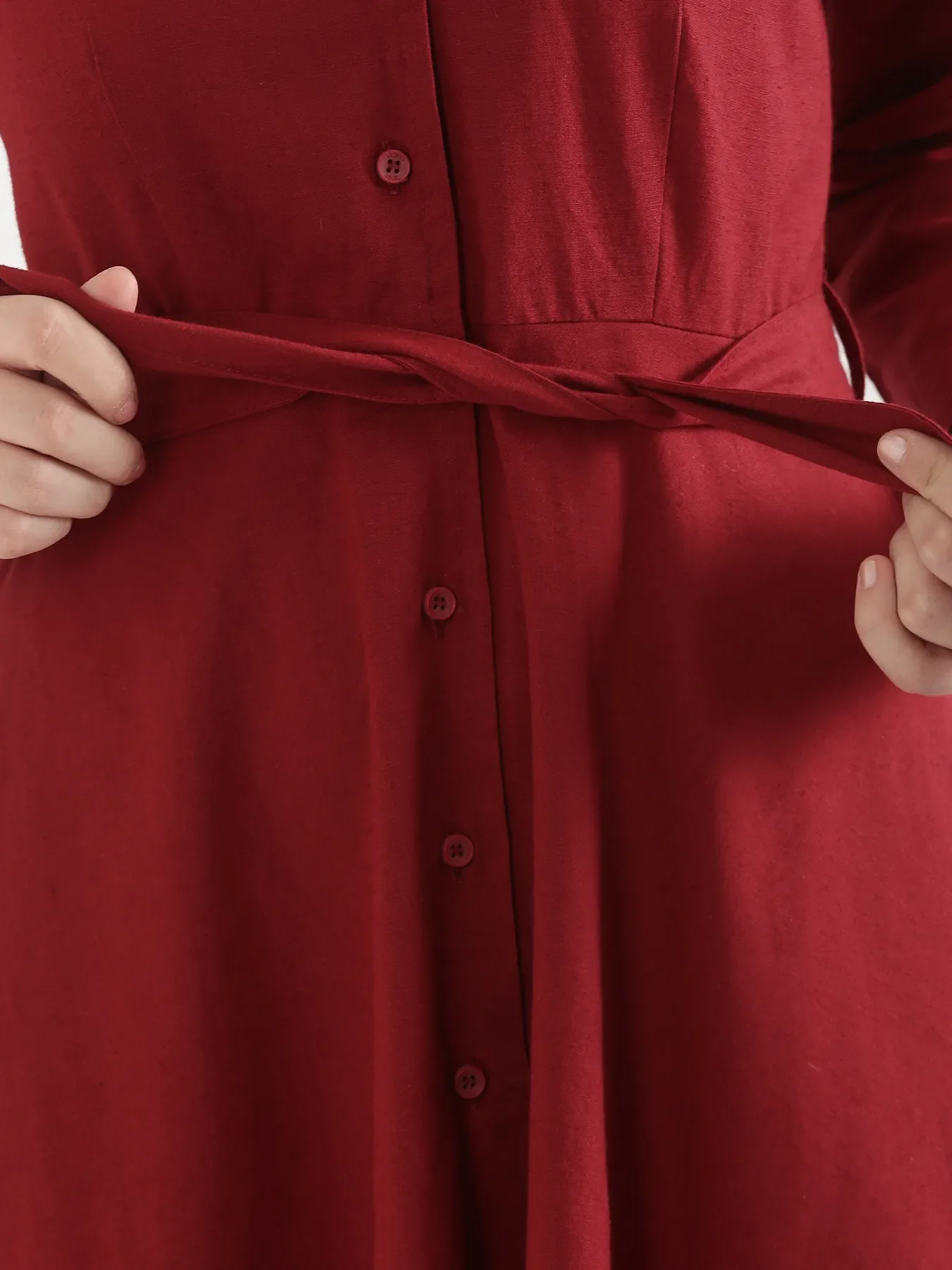 Women Maroon Airy Linen Flared Dress - Image 7
