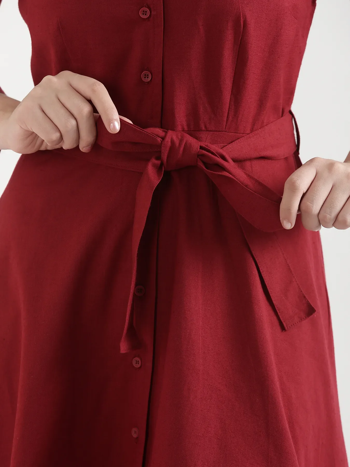 Women Maroon Airy Linen Flared Dress - Image 9