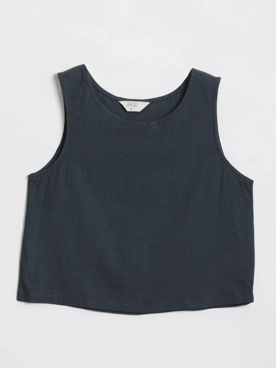 Women Navy Blue Flowy Linen Crop Top - Image 11