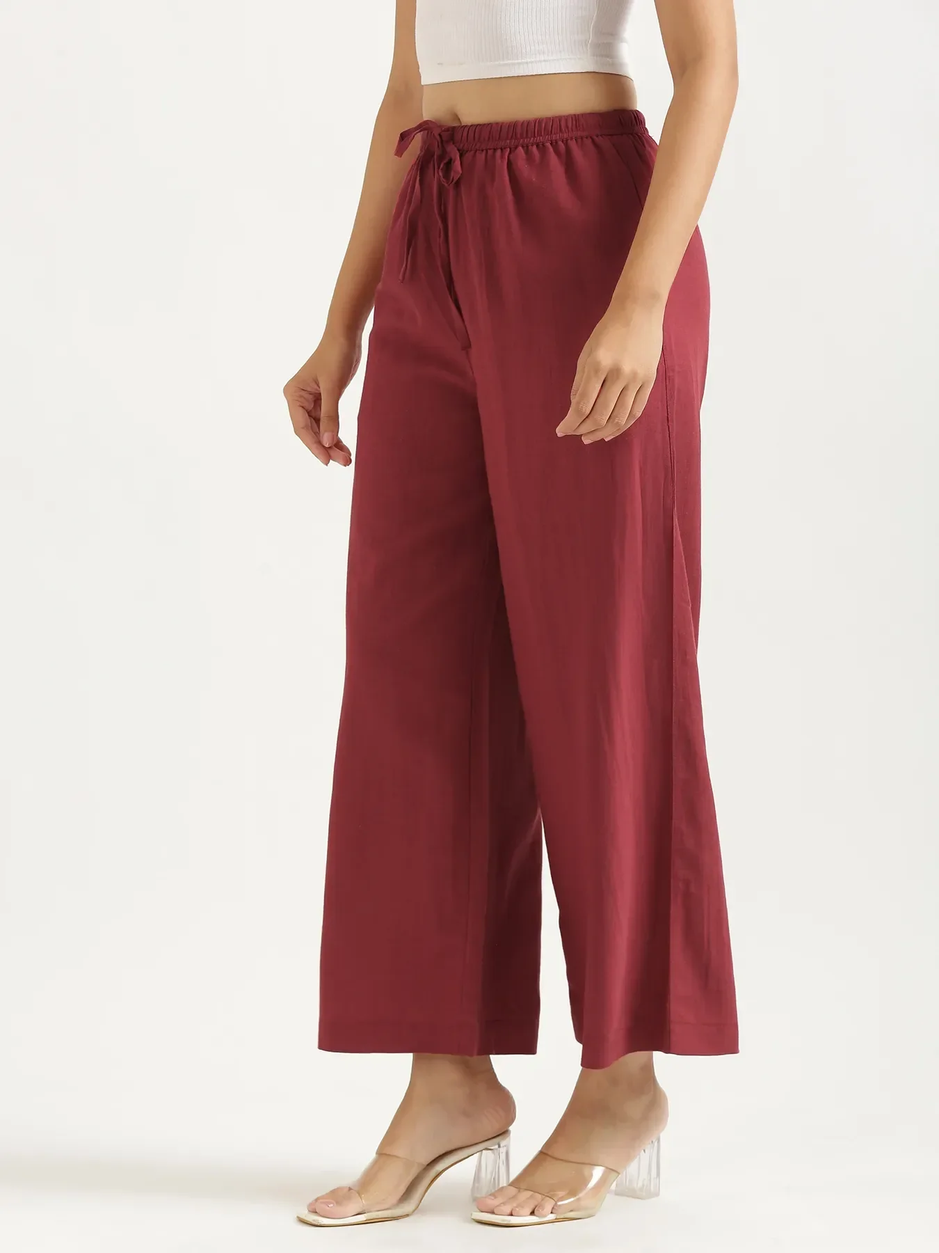Women Maroon Flowy Linen Wide Leg Pants - Image 4