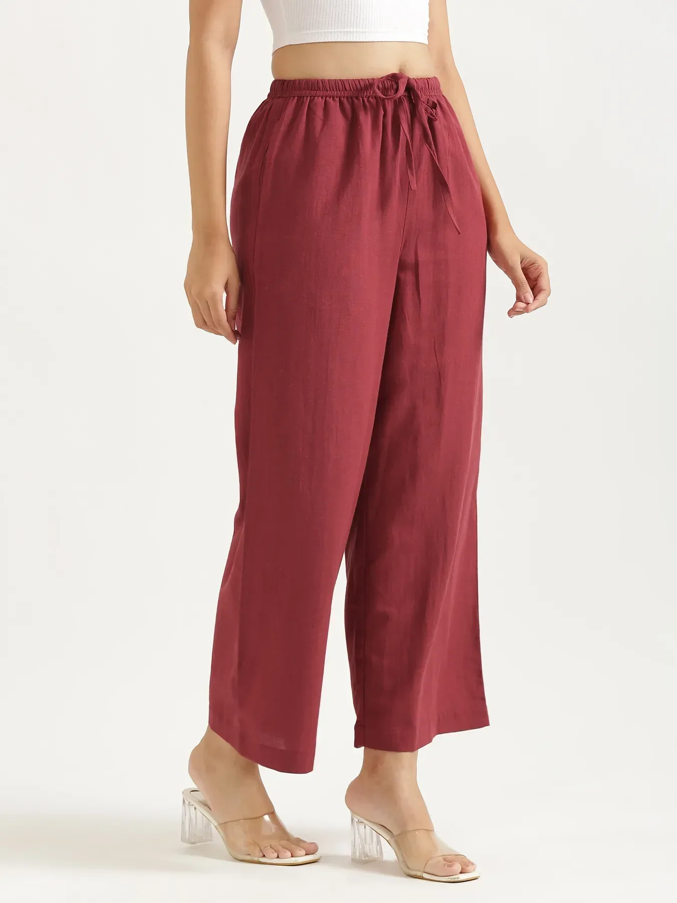 Women Maroon Flowy Linen Wide Leg Pants - Image 5