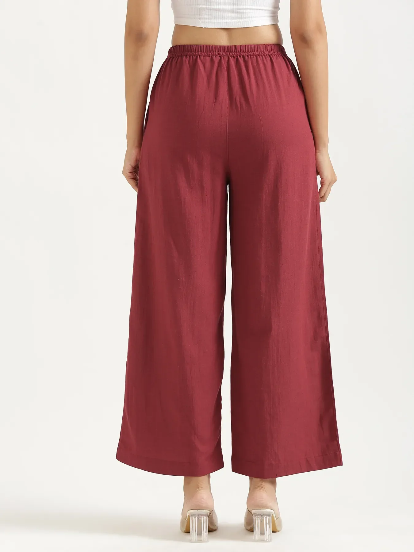 Women Maroon Flowy Linen Wide Leg Pants - Image 9