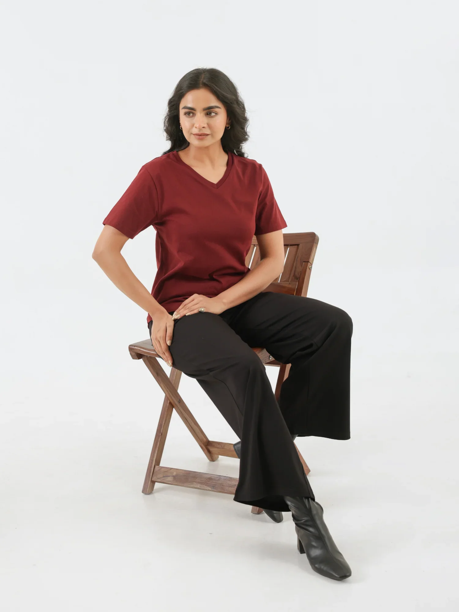 Women Maroon V-neck T-shirt - Image 9