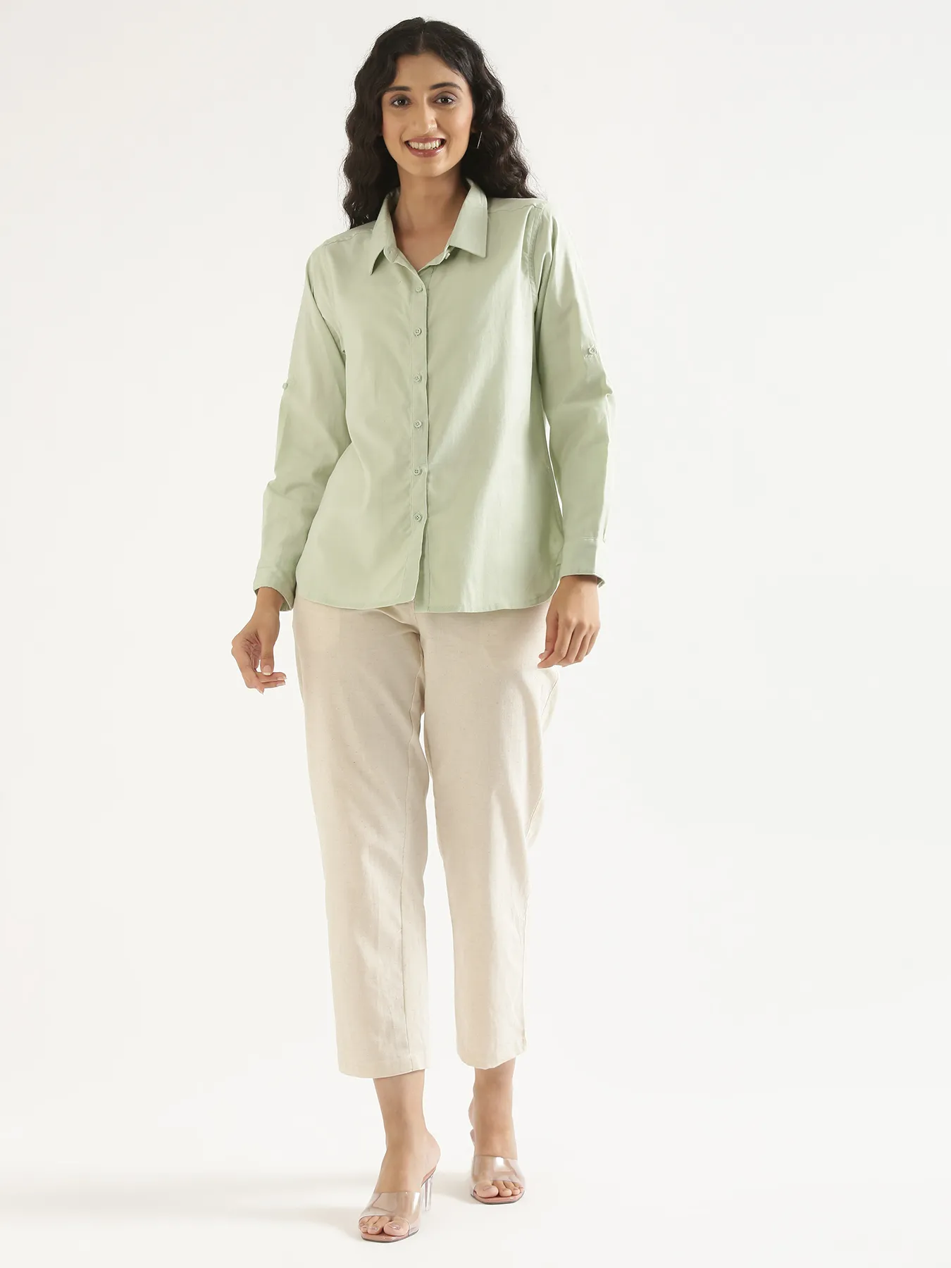 Women Mint Green Airy-Linen Shirt - Image 15