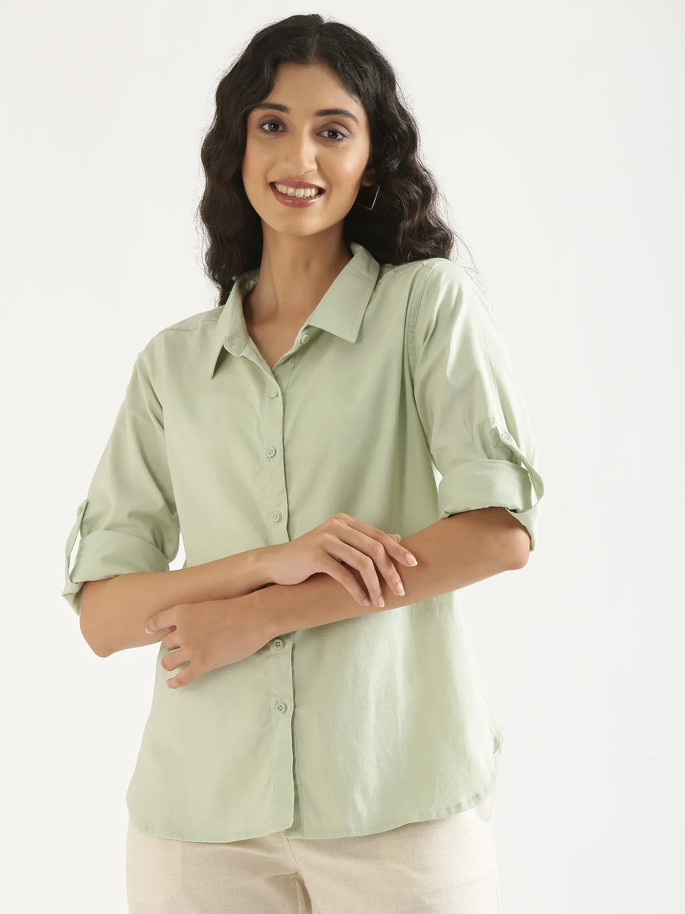 Women Mint Green Airy-Linen Shirt - Image 4