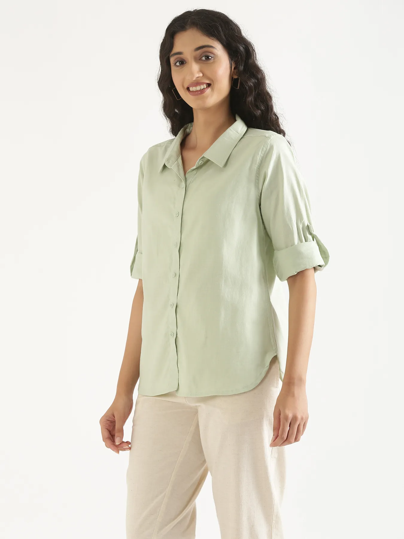 Women Mint Green Airy-Linen Shirt - Image 7