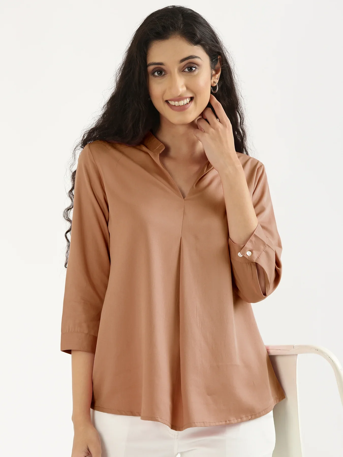 Women Mocha Mousse Viscose Pleated Top - Image 4