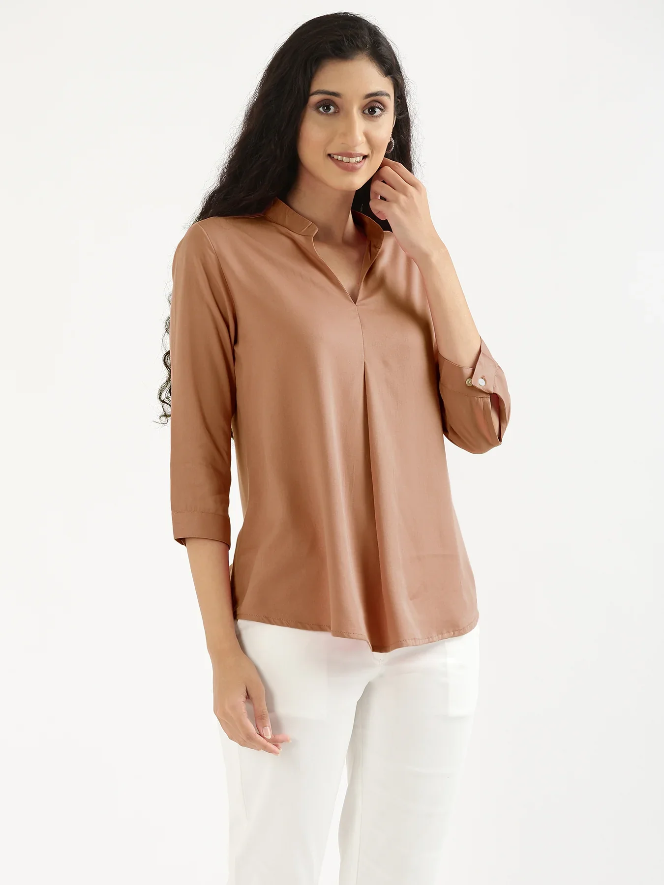 Women Mocha Mousse Viscose Pleated Top - Image 5