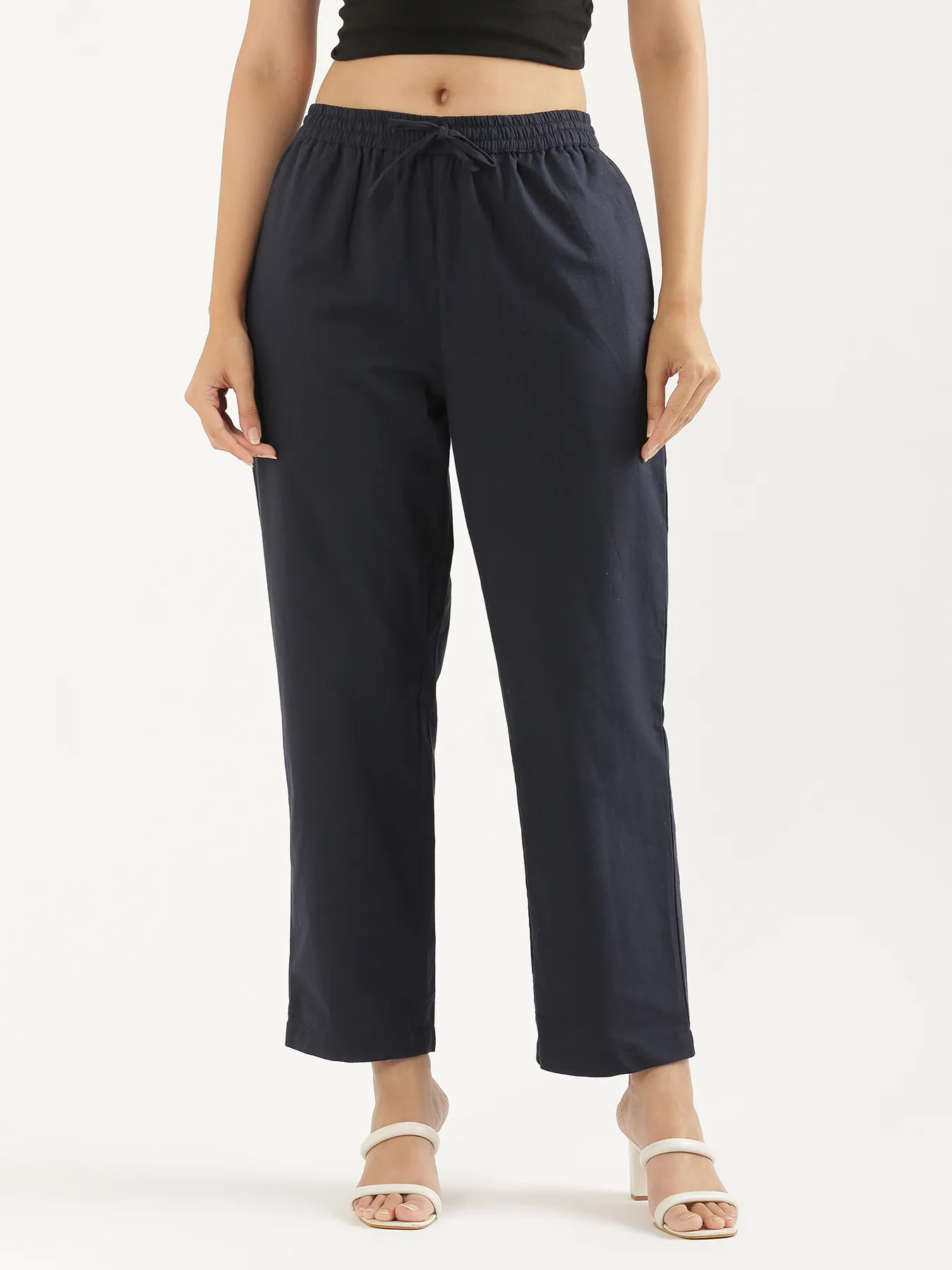 Women Navy Blue Cotton Straight Pant