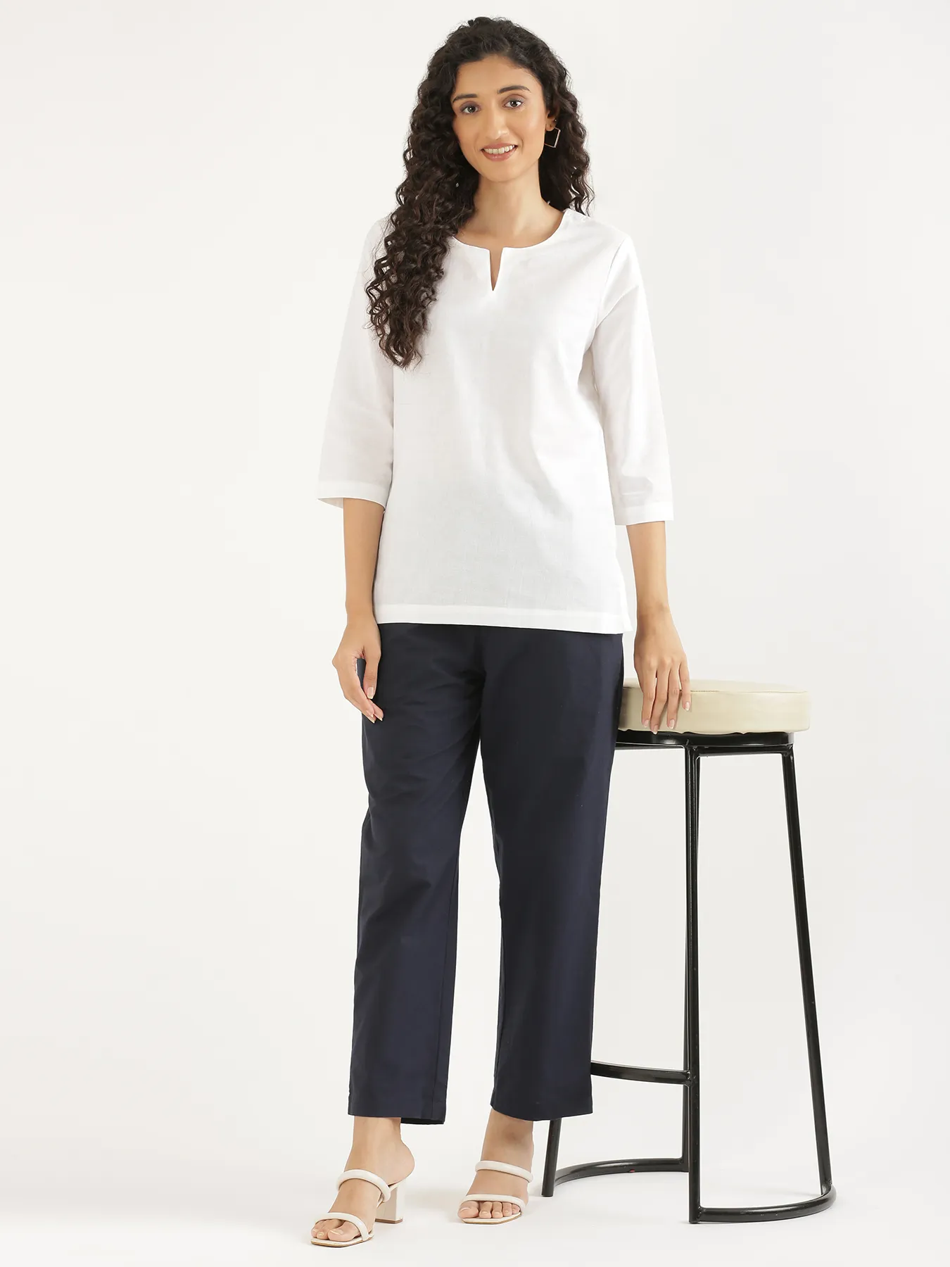 Women Navy Blue Cotton Straight Pant - Image 10