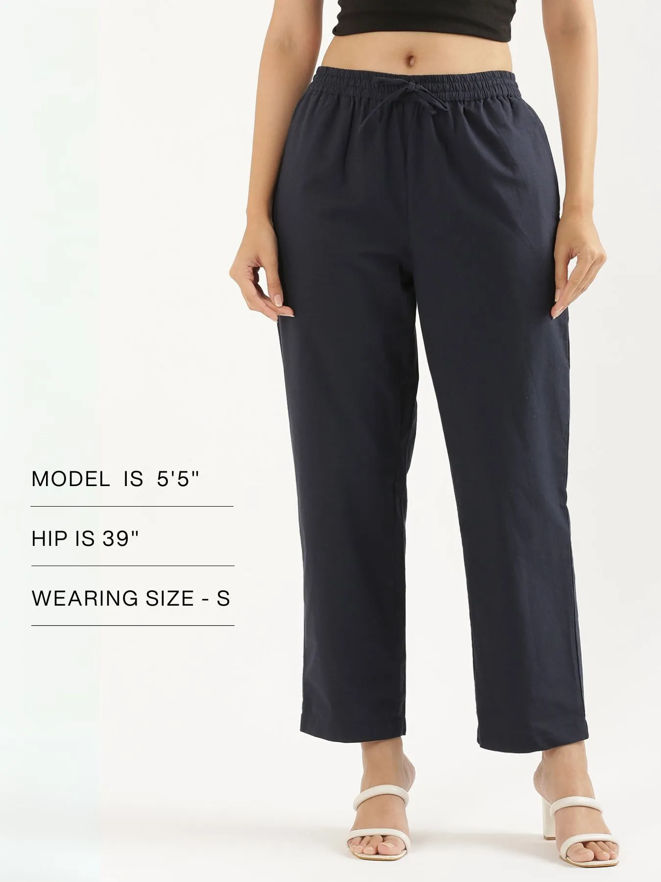 Women Navy Blue Cotton Straight Pant - Image 13