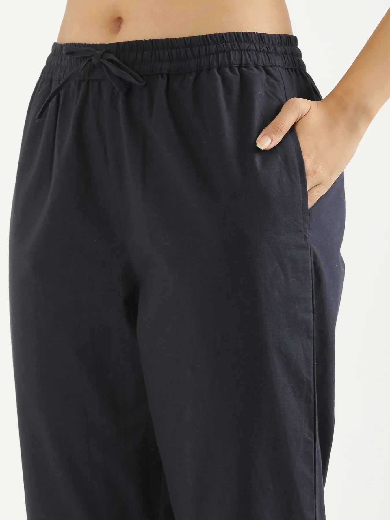 Women Navy Blue Cotton Straight Pant - Image 6