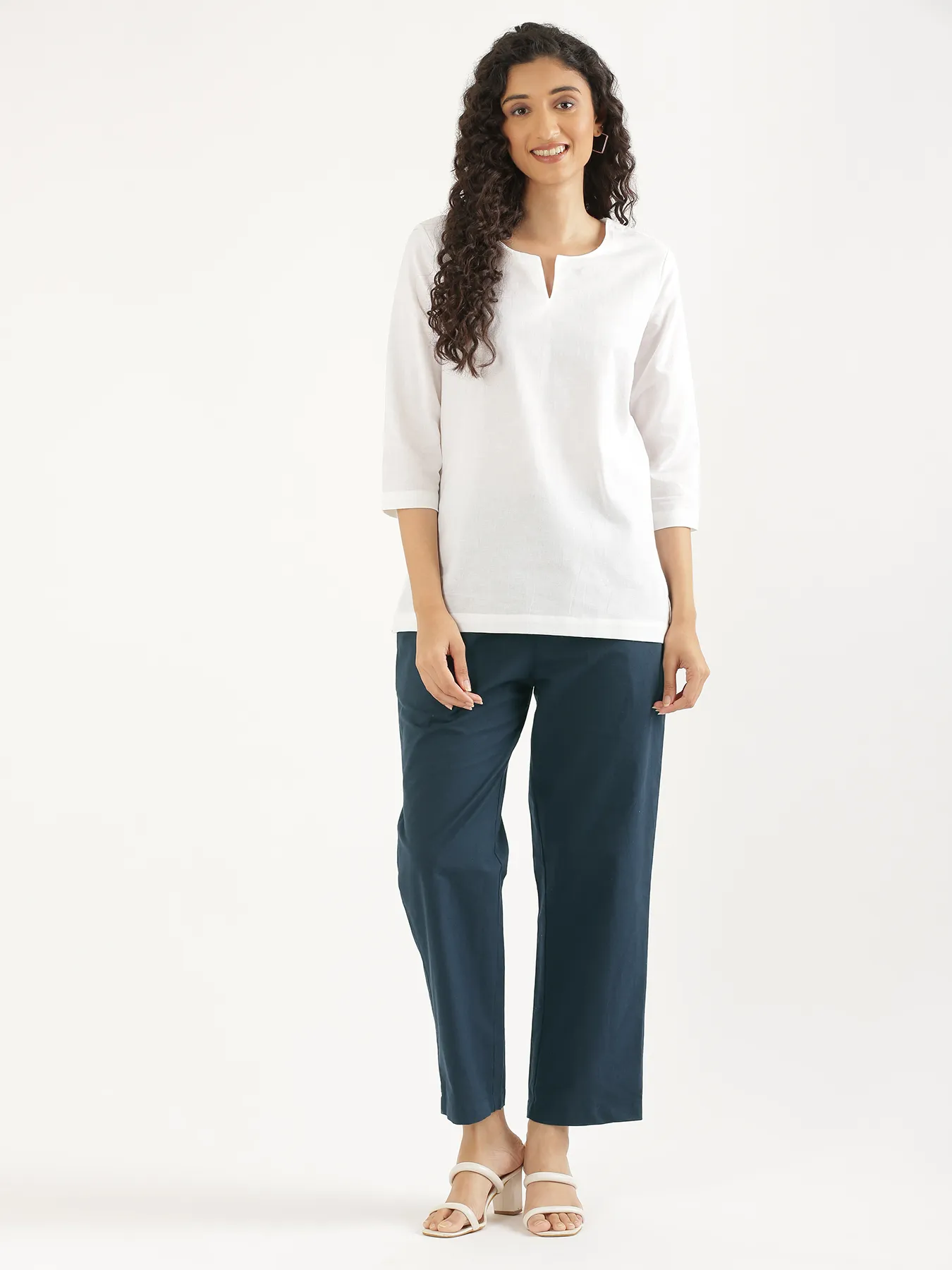 Women Peacock Blue Cotton Straight Pant - Image 3