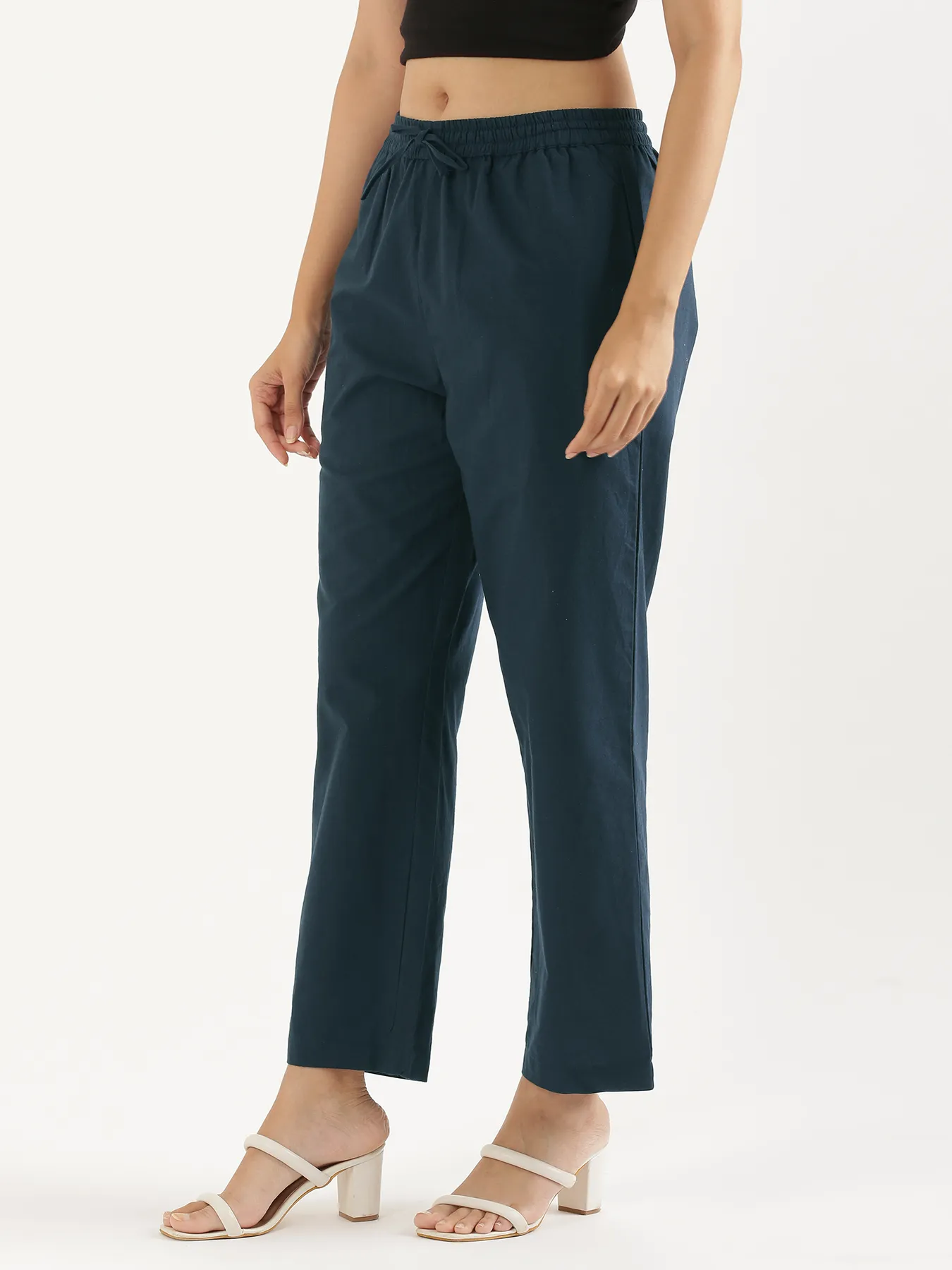 Women Peacock Blue Cotton Straight Pant - Image 4