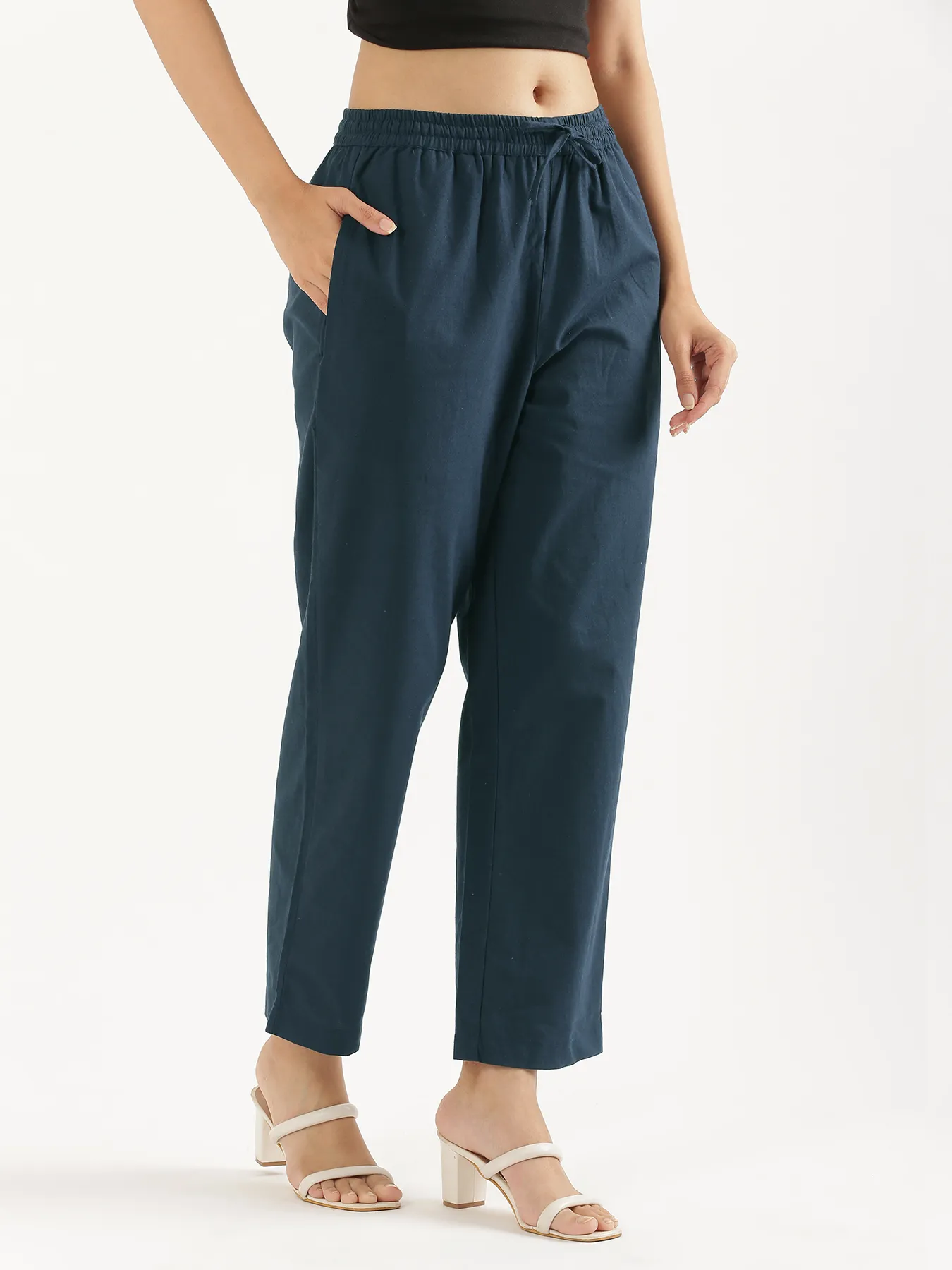 Women Peacock Blue Cotton Straight Pant - Image 9