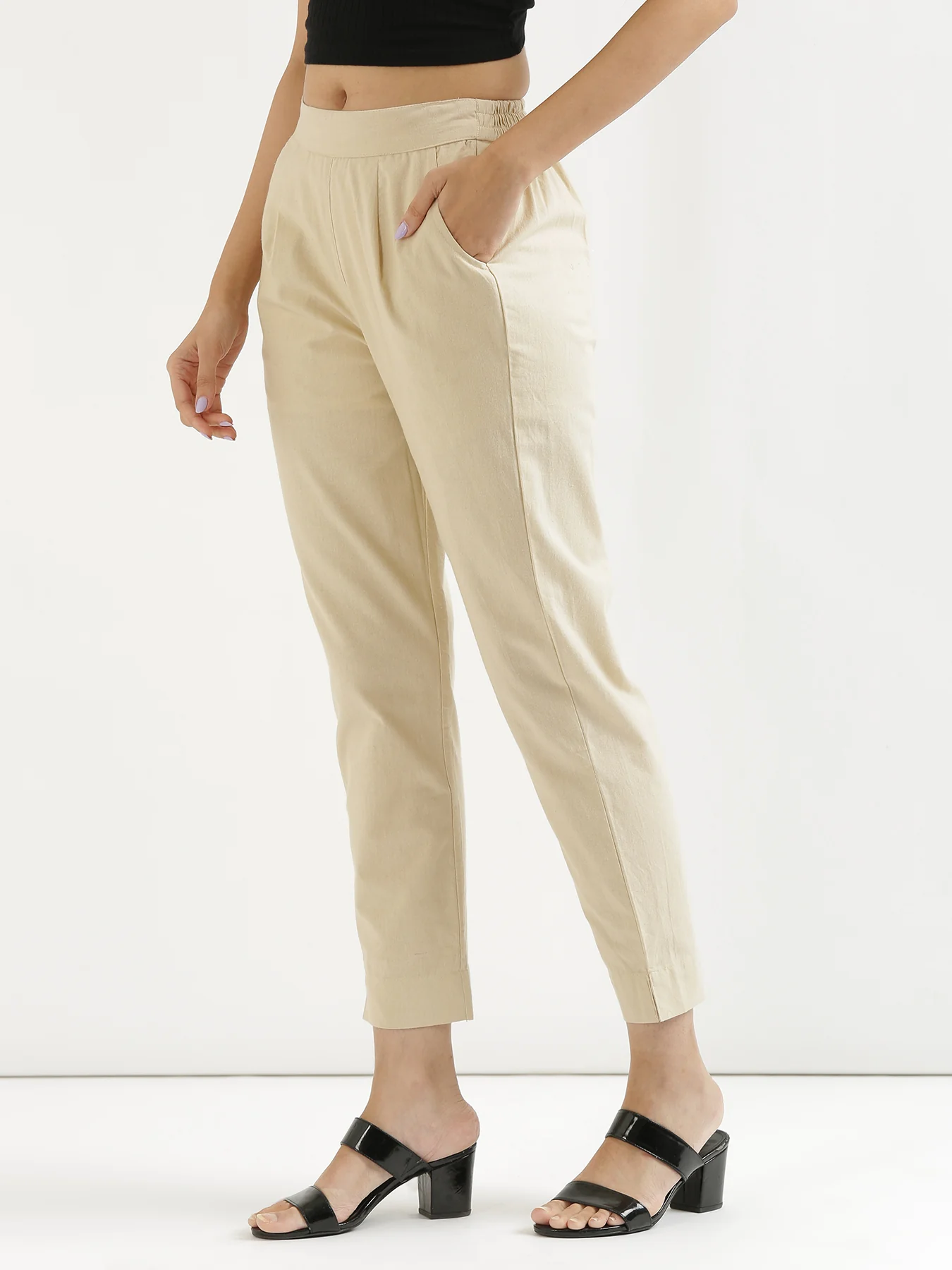Women Plus Size Beige Cotton Pant - Image 7