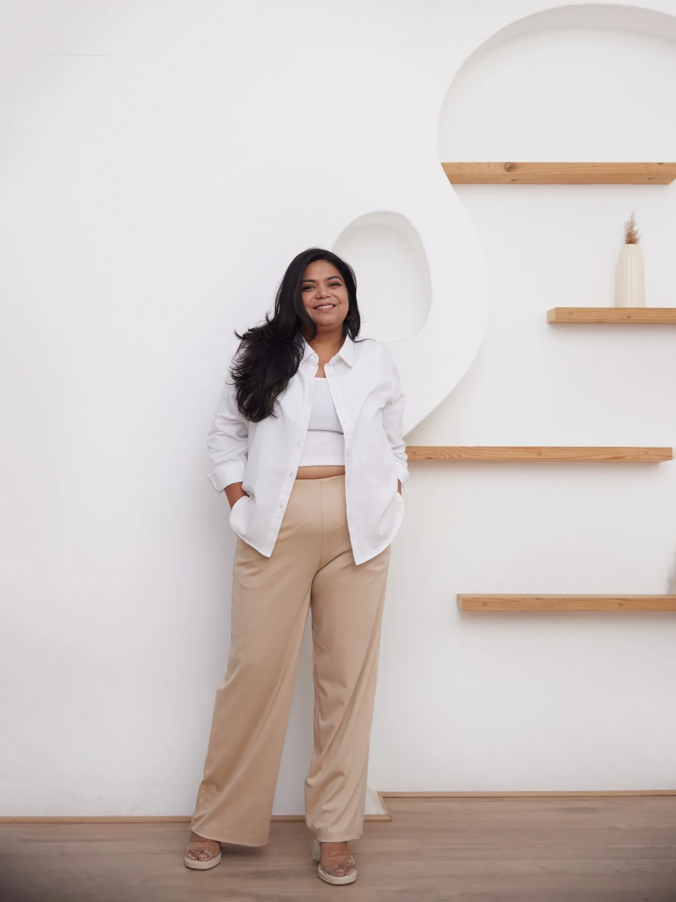 Women Plus Size Beige Wide Leg Pants - Image 3