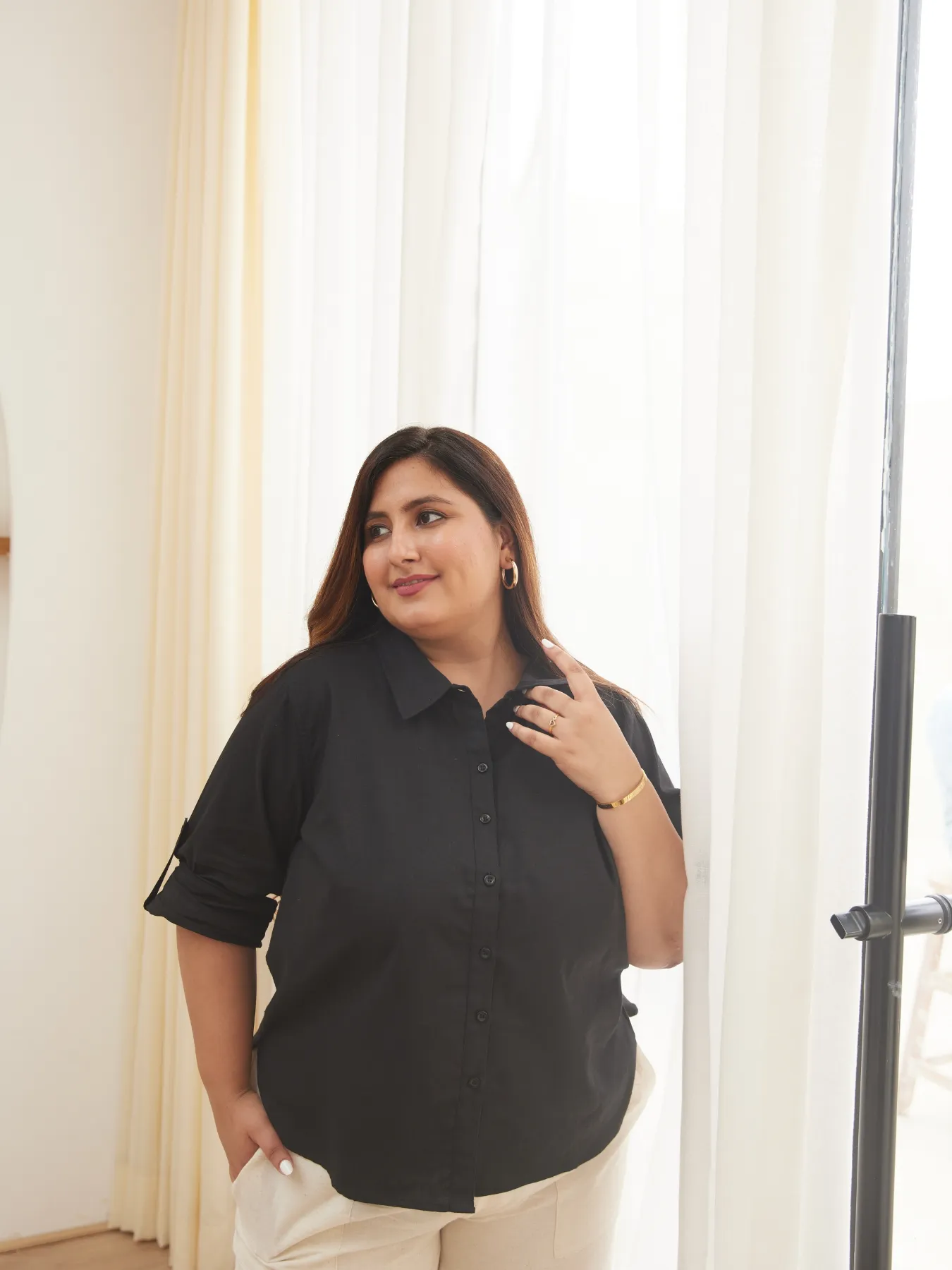 Women Plus Size Black Airy-Linen Shirt - Image 3