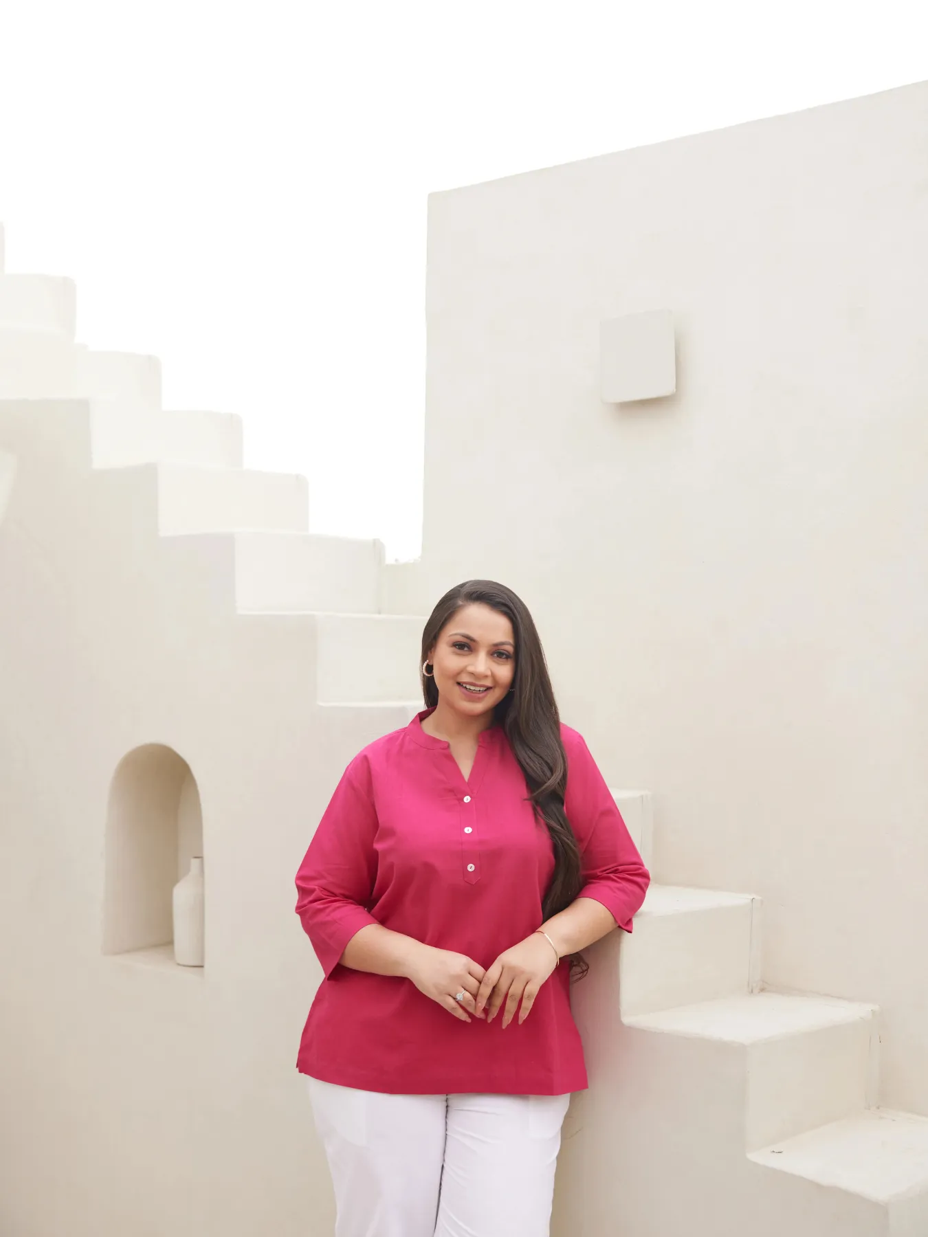 Women Plus Size Hot Pink Airy Linen Short Kurta - Image 3