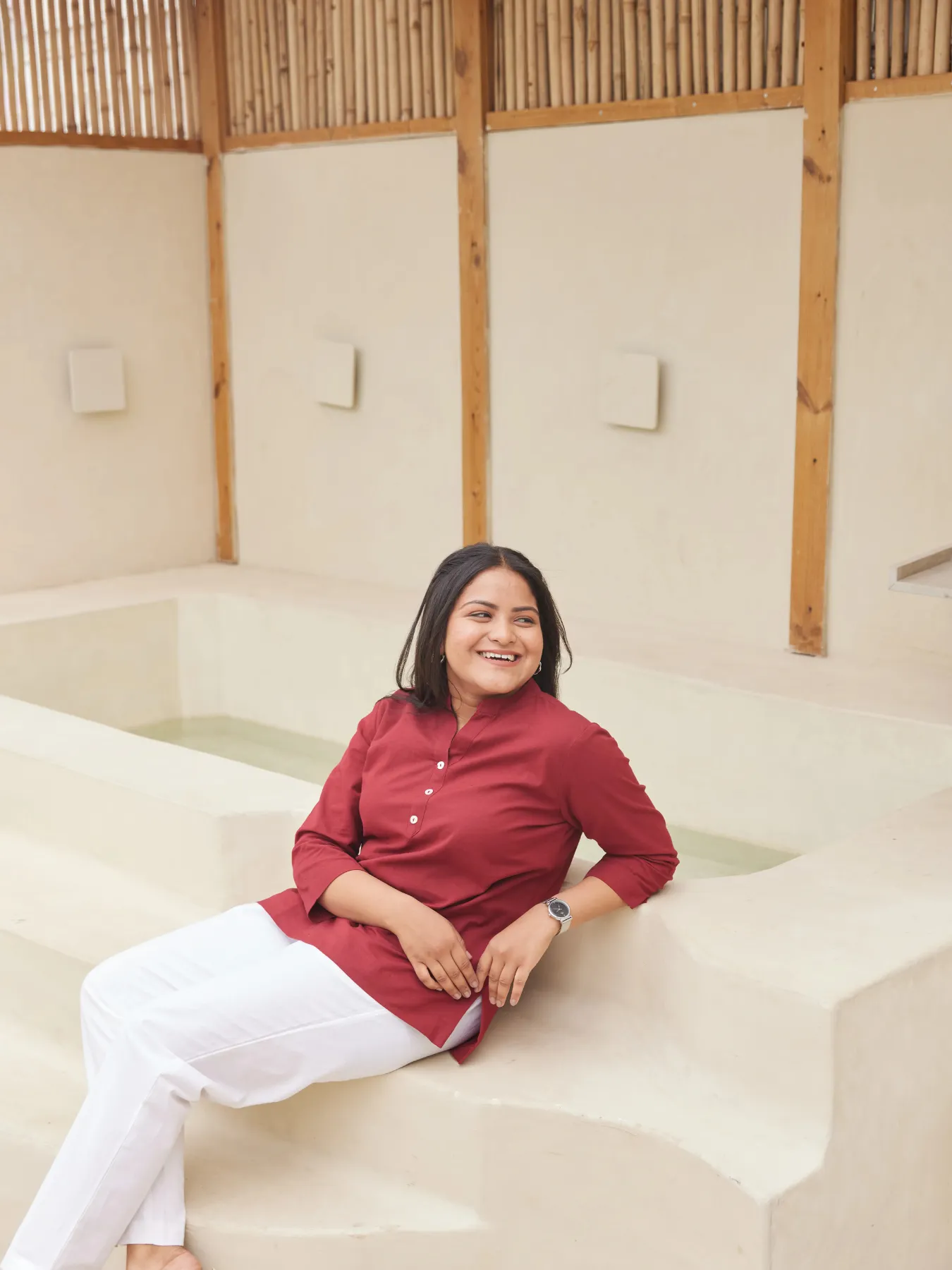 Women Plus Size Maroon Airy Linen Short Kurta - Image 2
