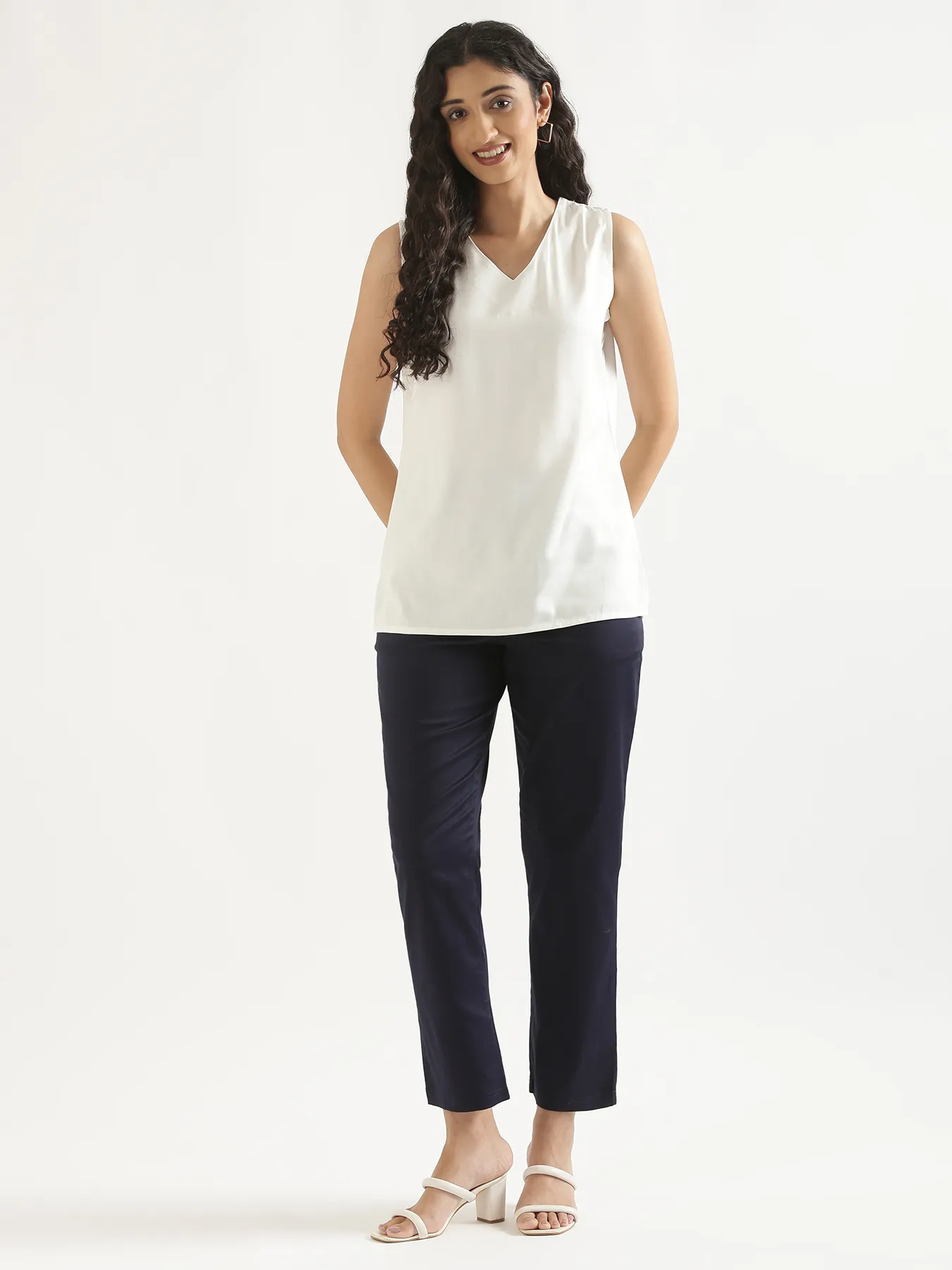 Women Plus Size Navy Blue Straight Fit Formal Pants - Image 6