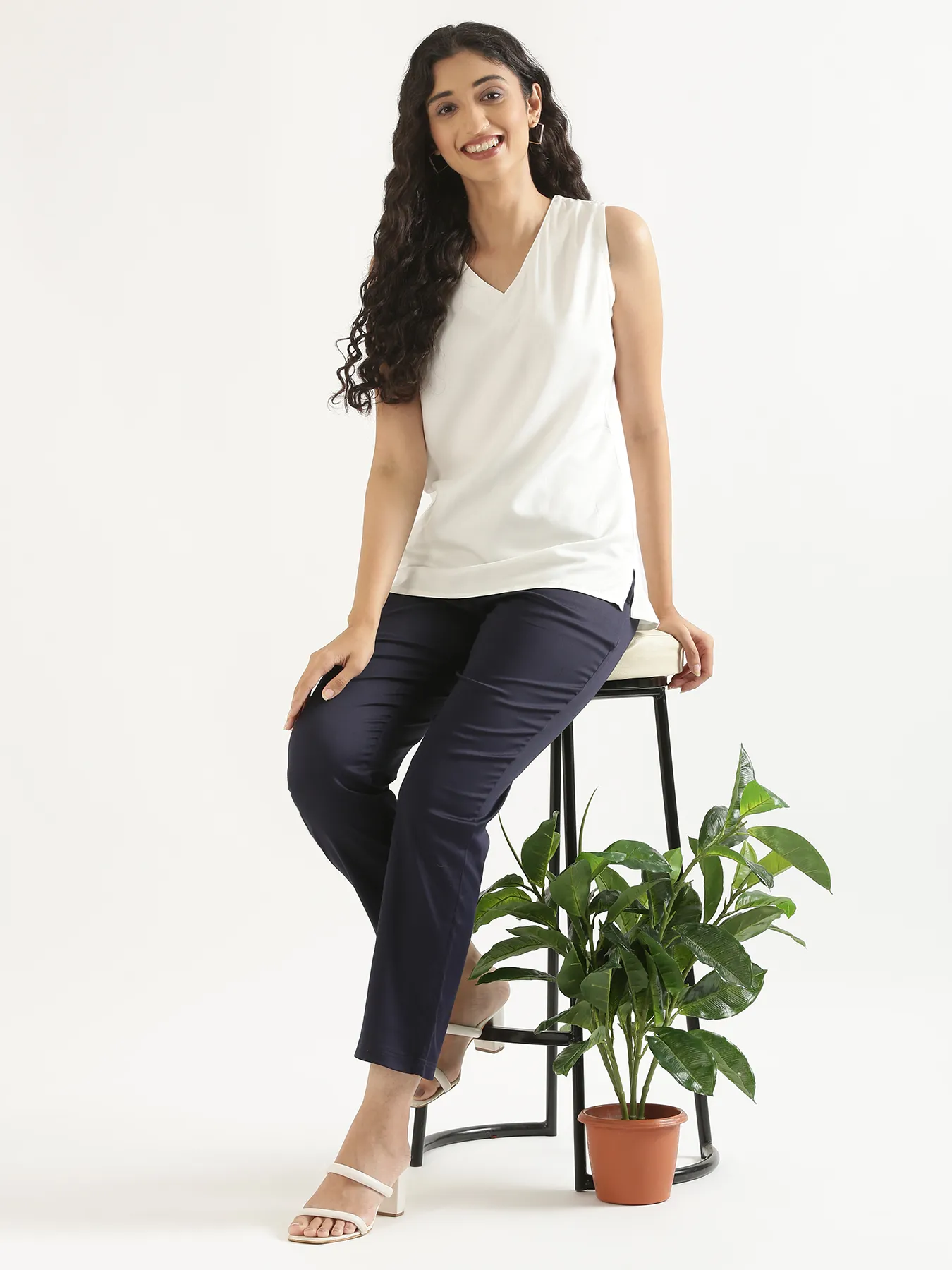 Women Plus Size Navy Blue Straight Fit Formal Pants - Image 7
