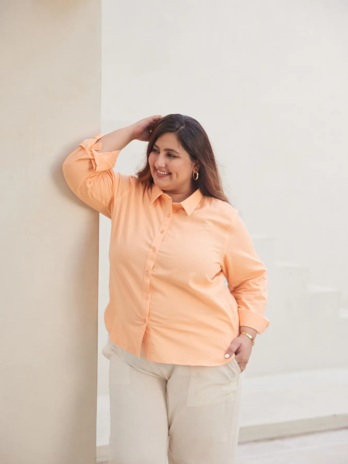 Women Plus Size Peach Airy-Linen Shirt - Image 3