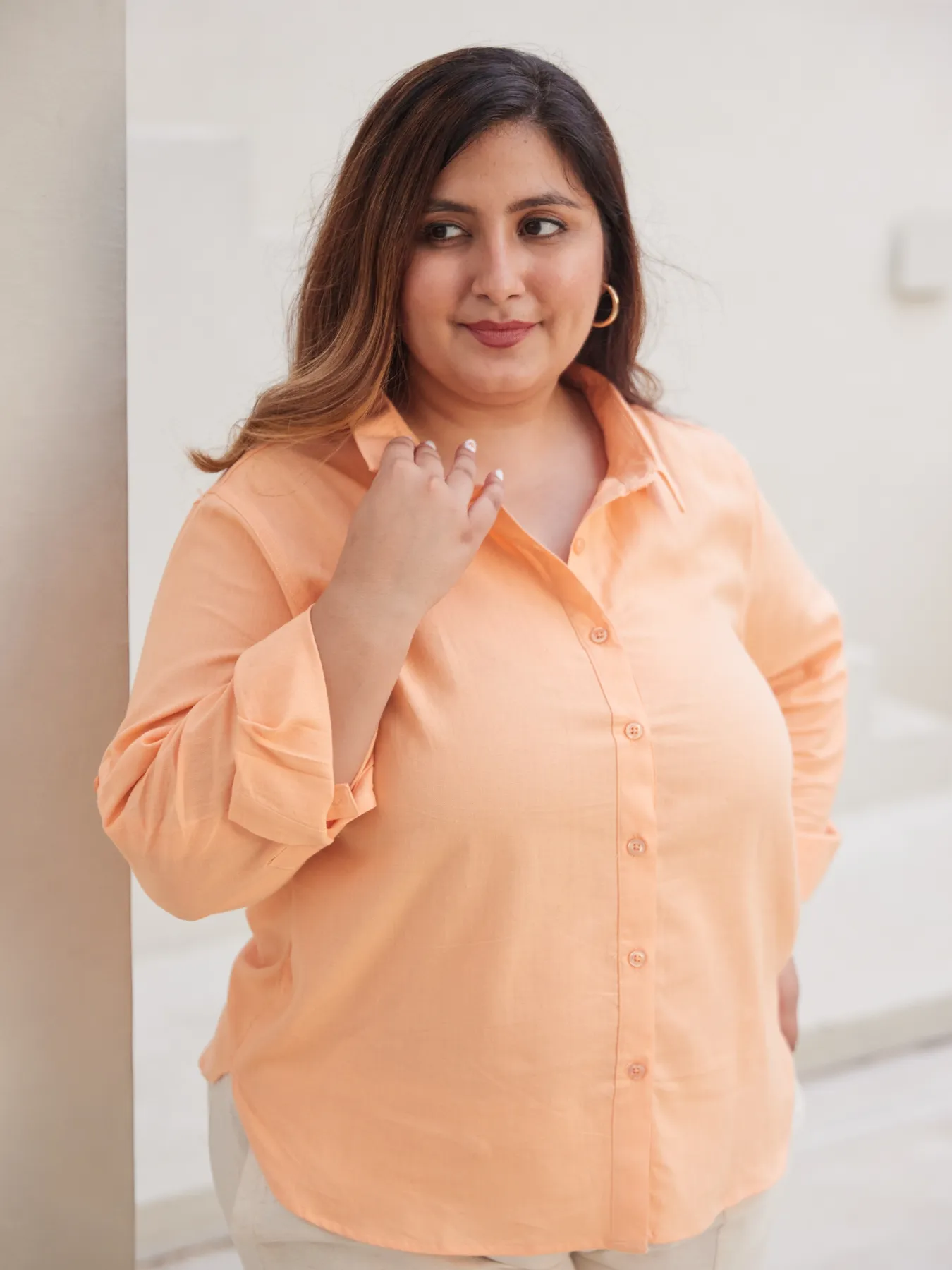 Women Plus Size Peach Airy-Linen Shirt - Image 5