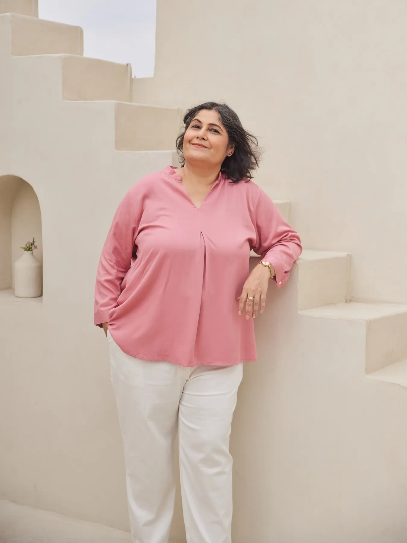 Women Plus Size Rose Viscose Pleated Top - Image 9