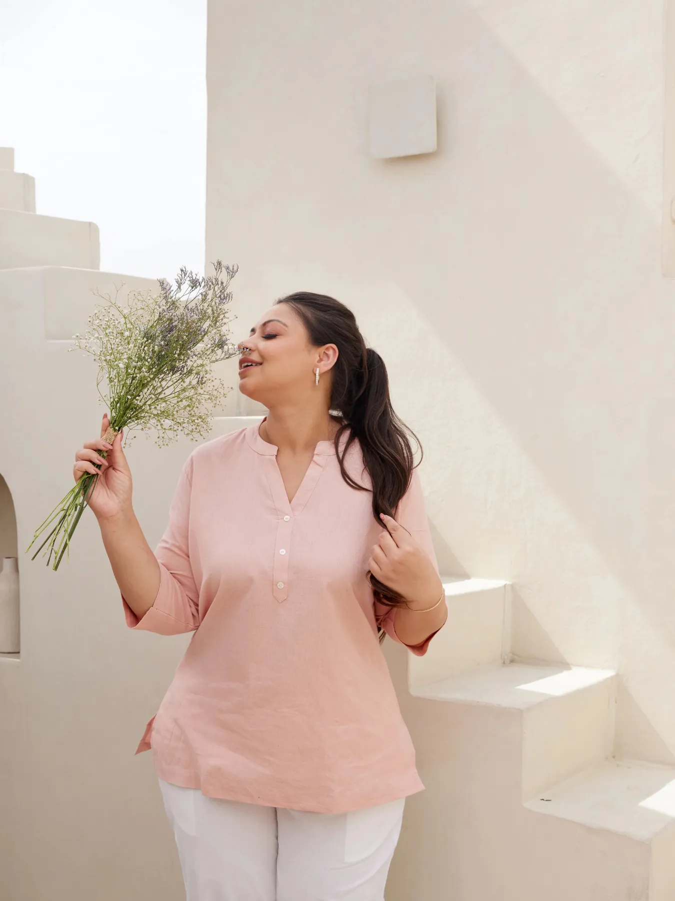 Women Plus Size Salmon Pink Airy Linen Short Kurta - Image 3