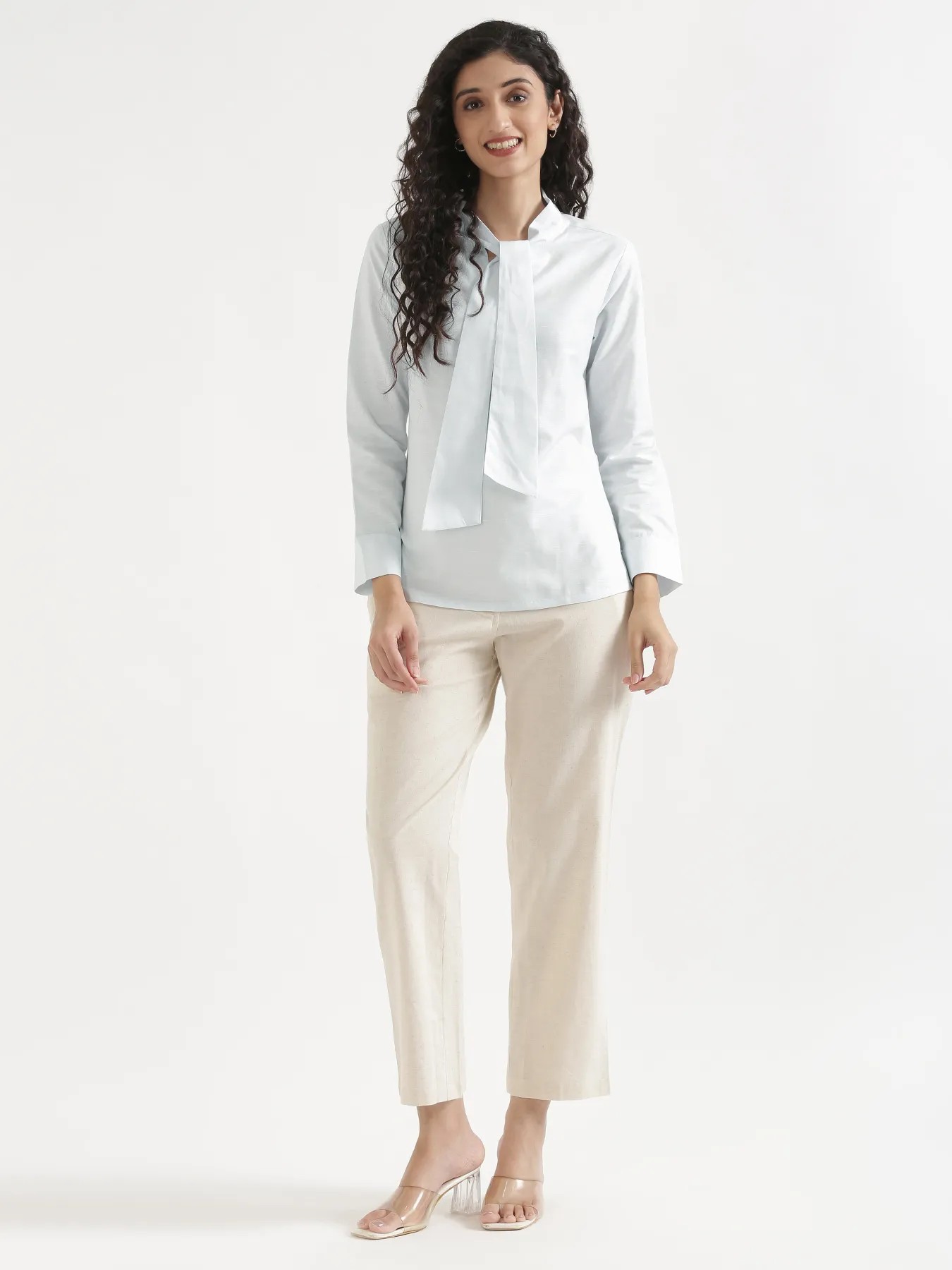 Women Powder Blue Linen Blend Knot Blouse - Image 3