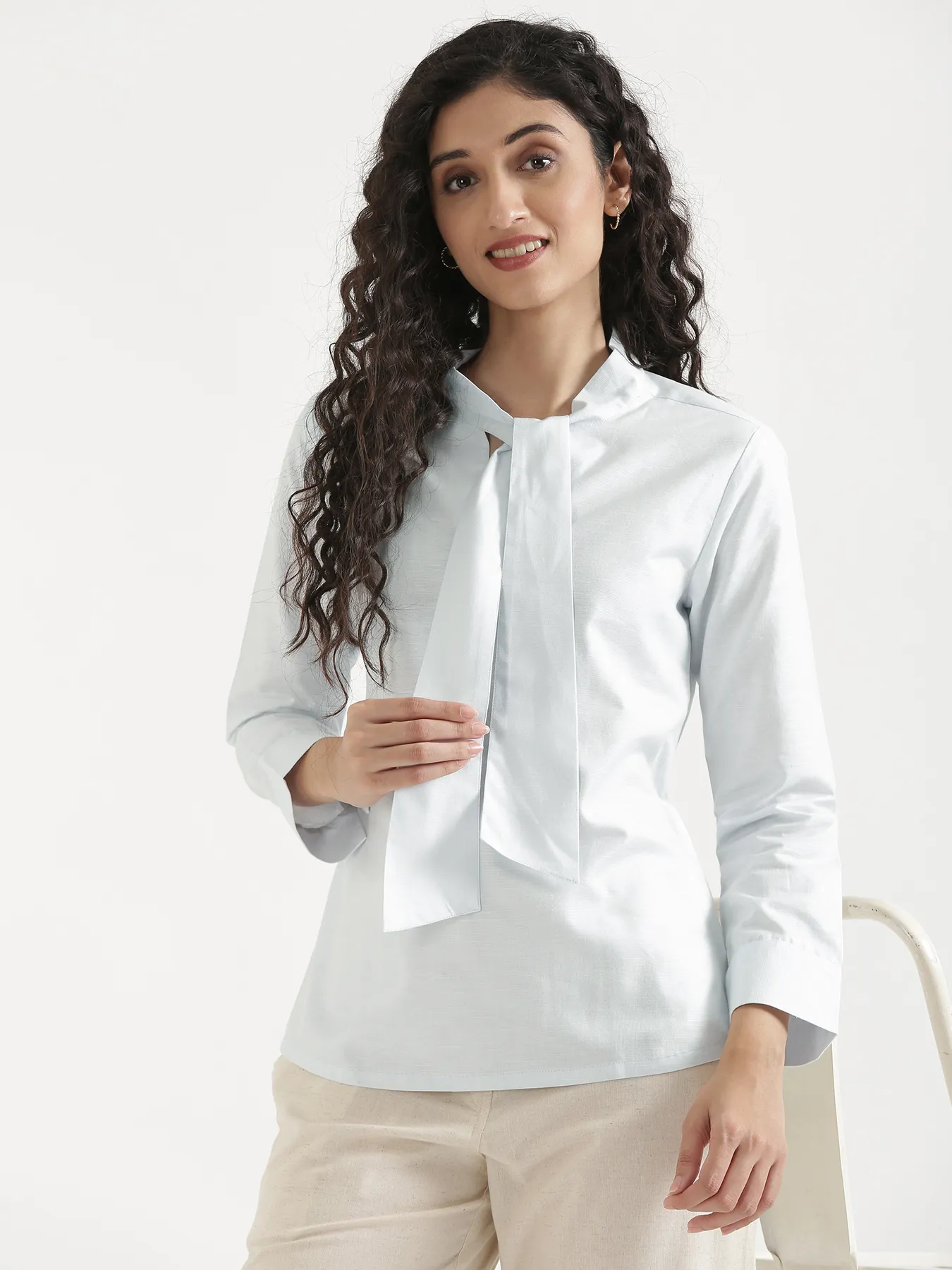 Women Powder Blue Linen Blend Knot Blouse - Image 4