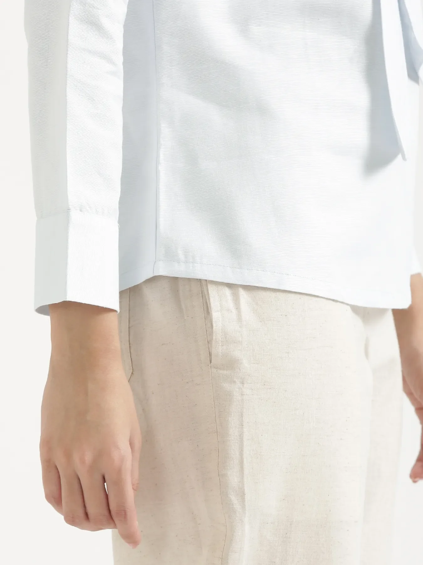 Women Powder Blue Linen Blend Knot Blouse - Image 9