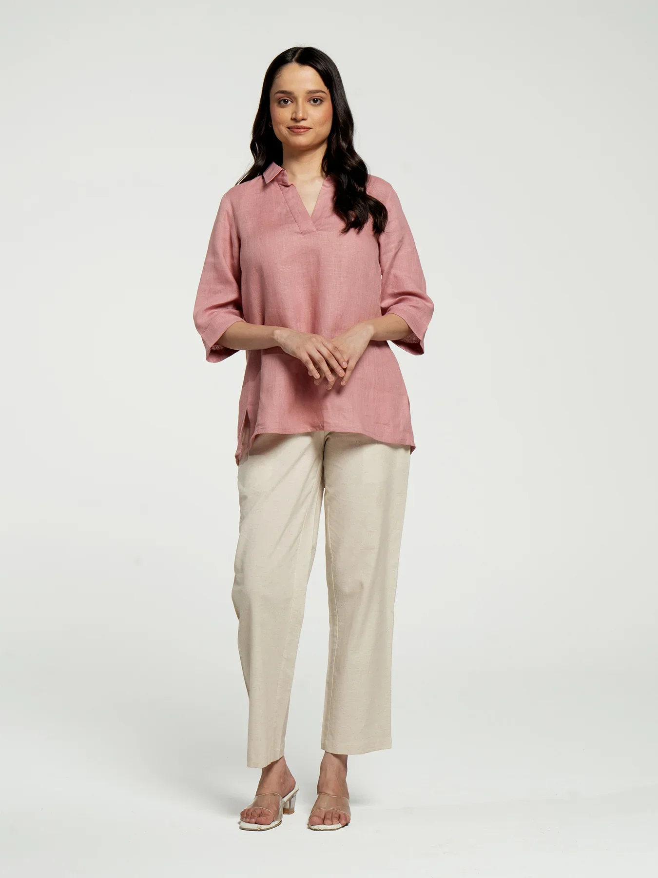 Women Rose Taupe Pure Linen Collared Shirt Top - Image 3